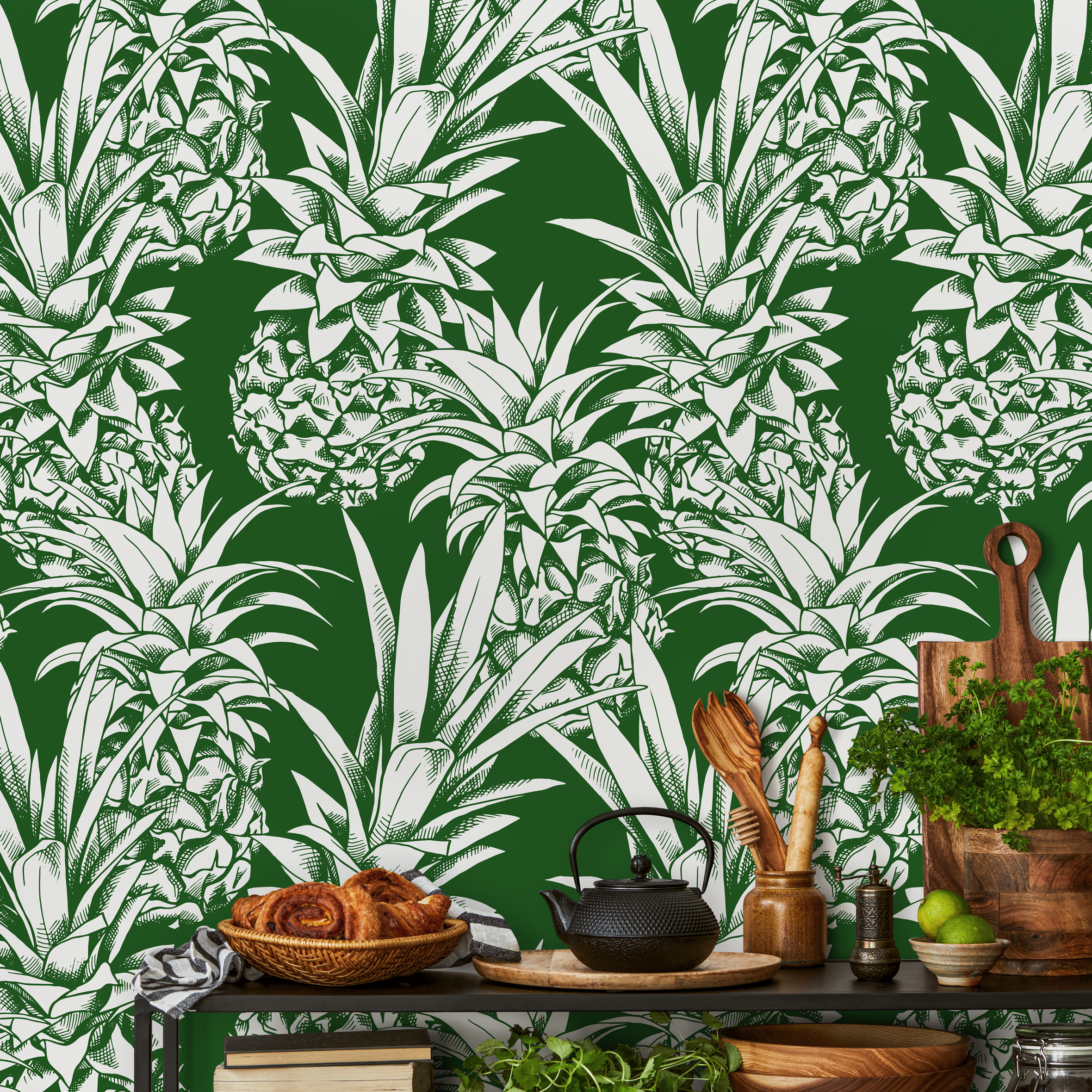 Botanical Wallpaper Featuring A Bold Pineapple Motif In Green And White - B643