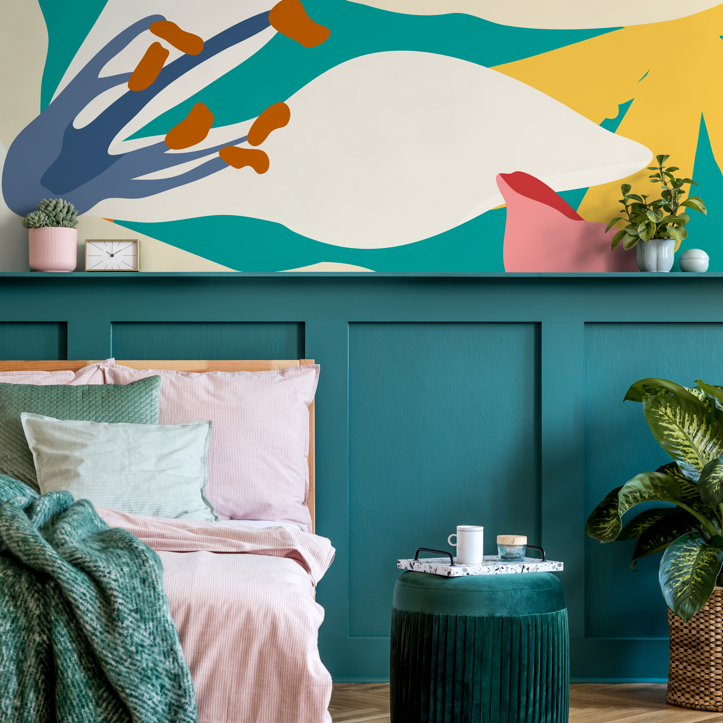 Abstract Floral Wallpaper With Bold Organic Shapes In Teal, Pink, And Yellow - B644