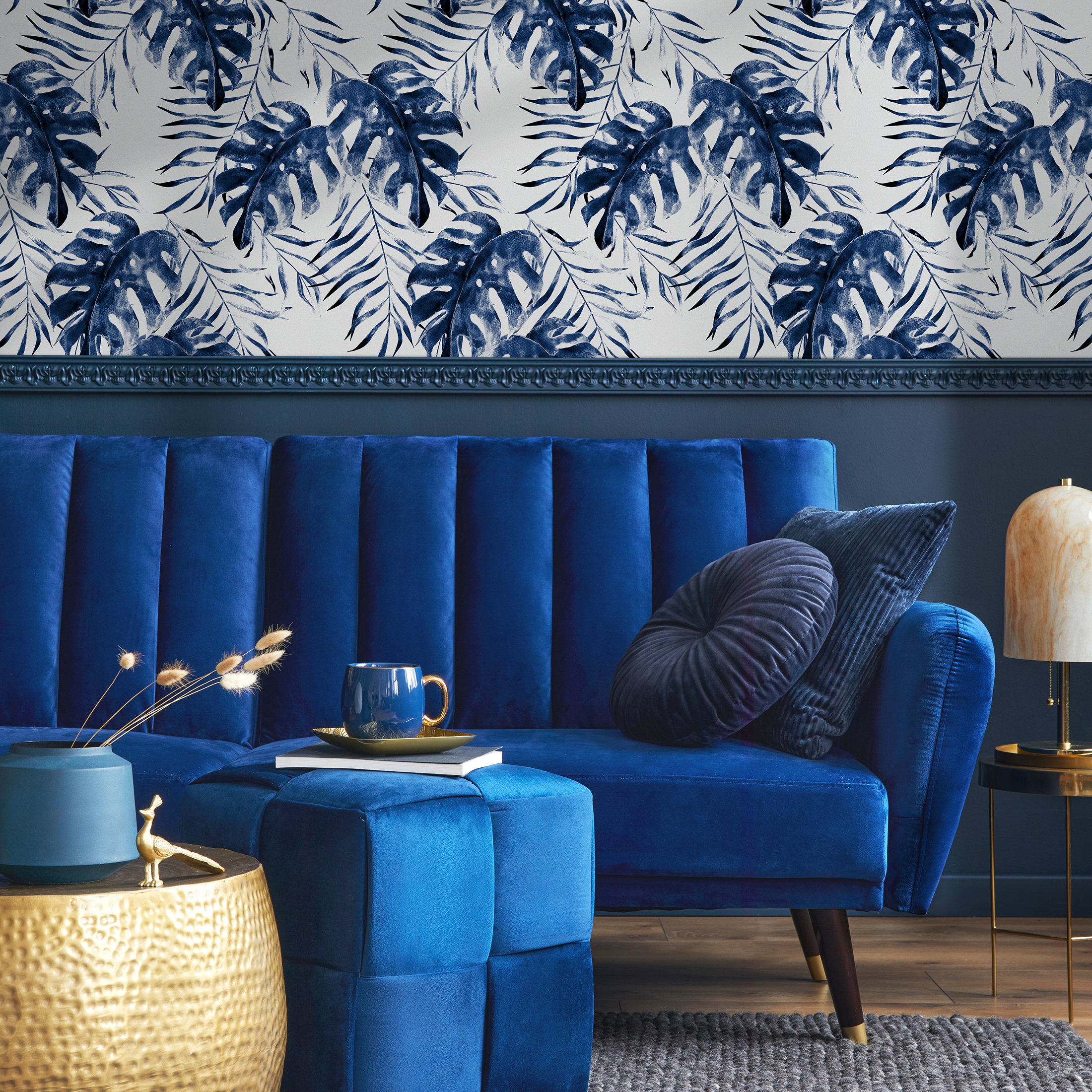 Tropical Wallpaper With Painterly Monstera Leaves In Indigo Blue - B646
