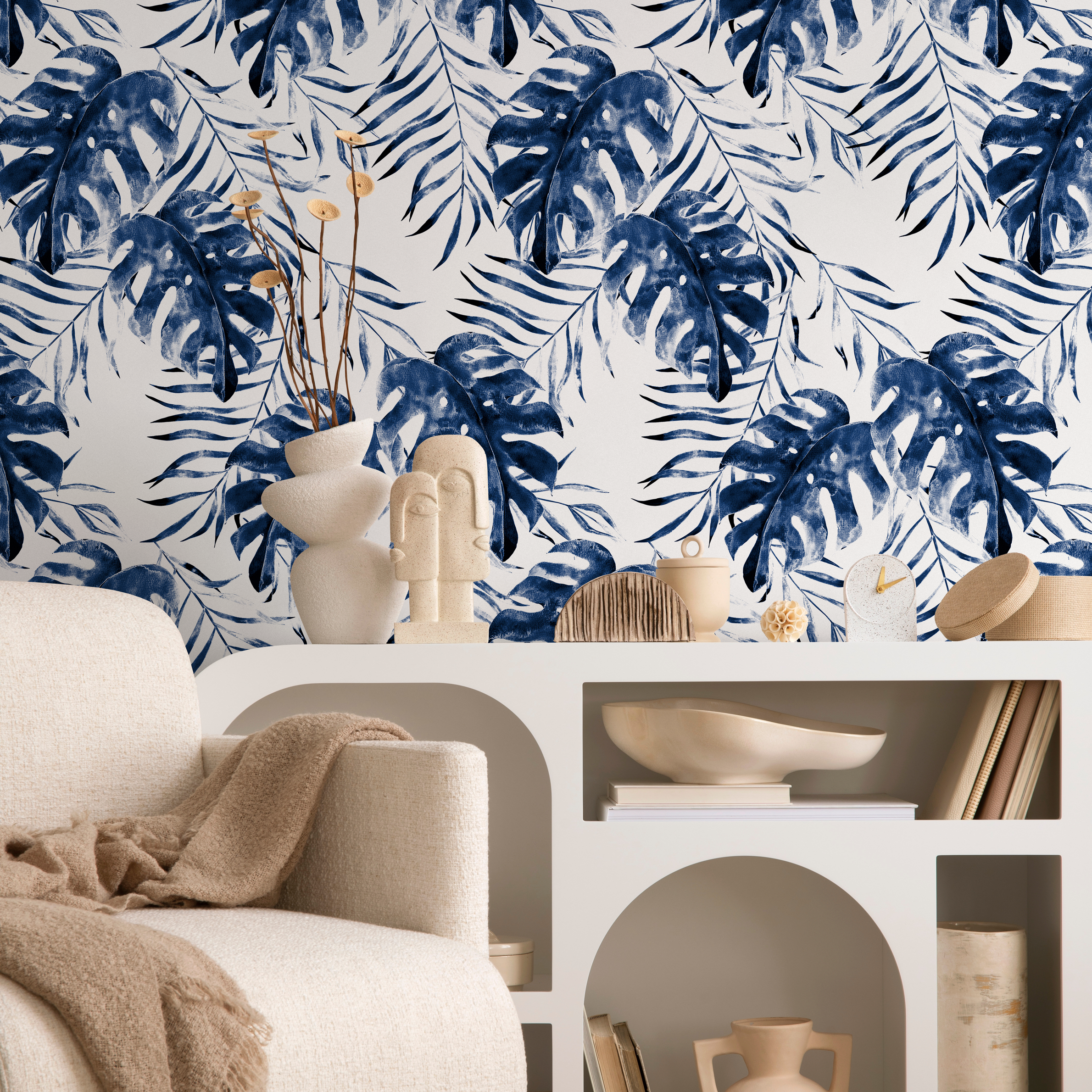 Tropical Wallpaper With Painterly Monstera Leaves In Indigo Blue - B646