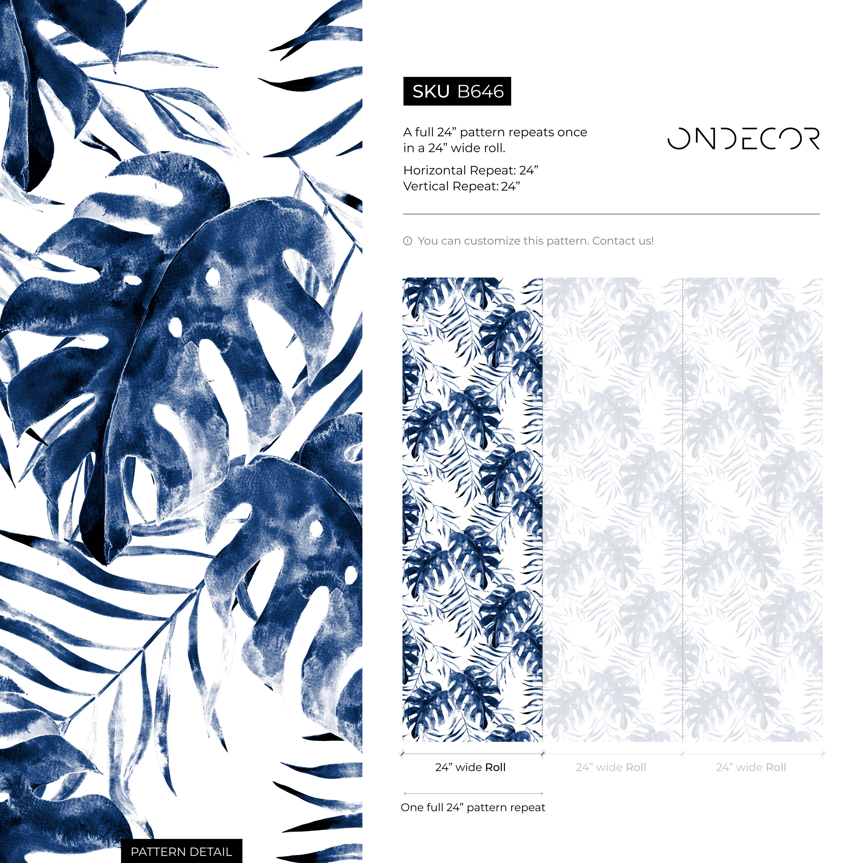 Tropical Wallpaper With Painterly Monstera Leaves In Indigo Blue - B646