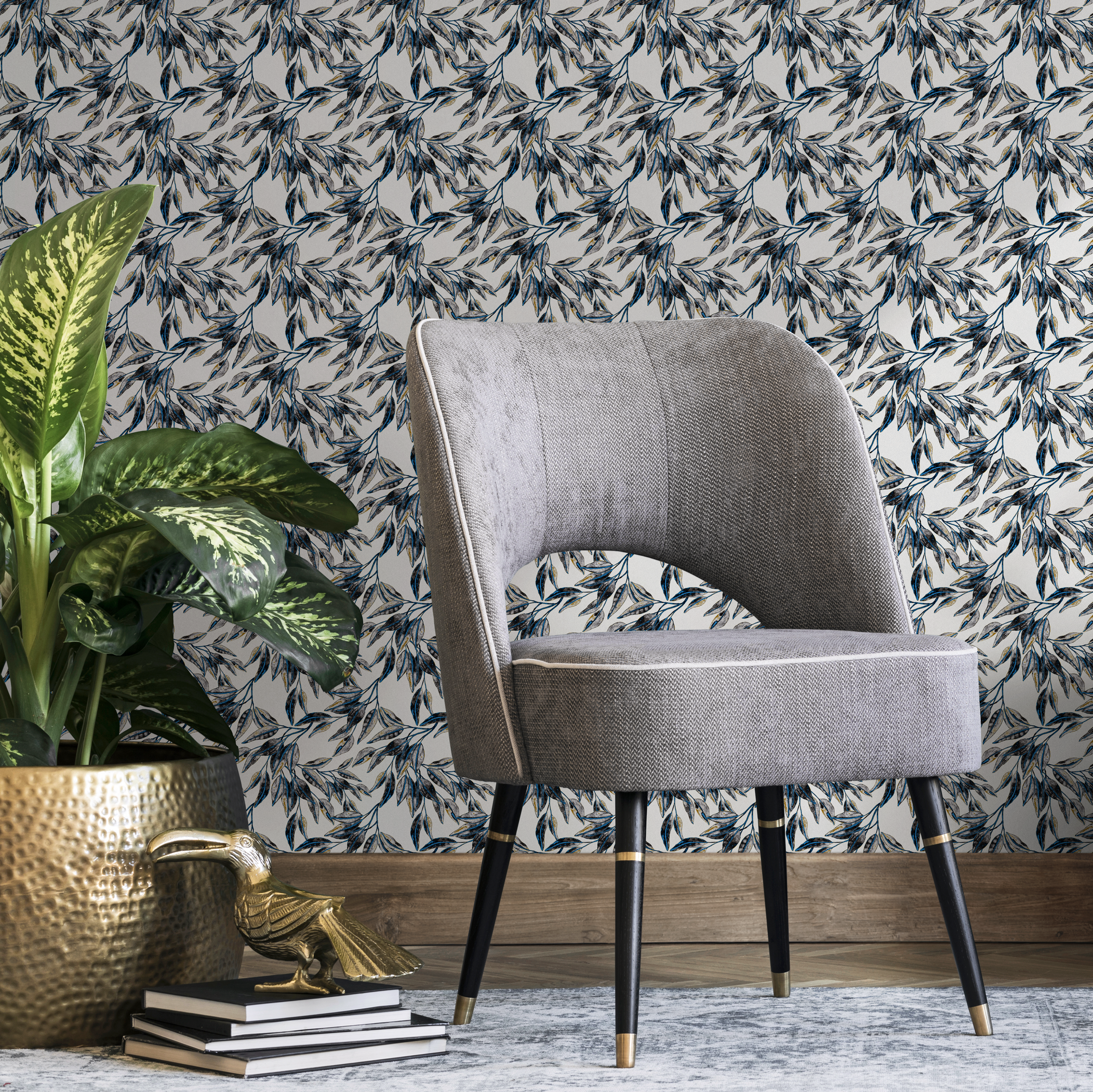 Botanical Wallpaper With Elegant Leafy Branches In Blue And Yellow - B652