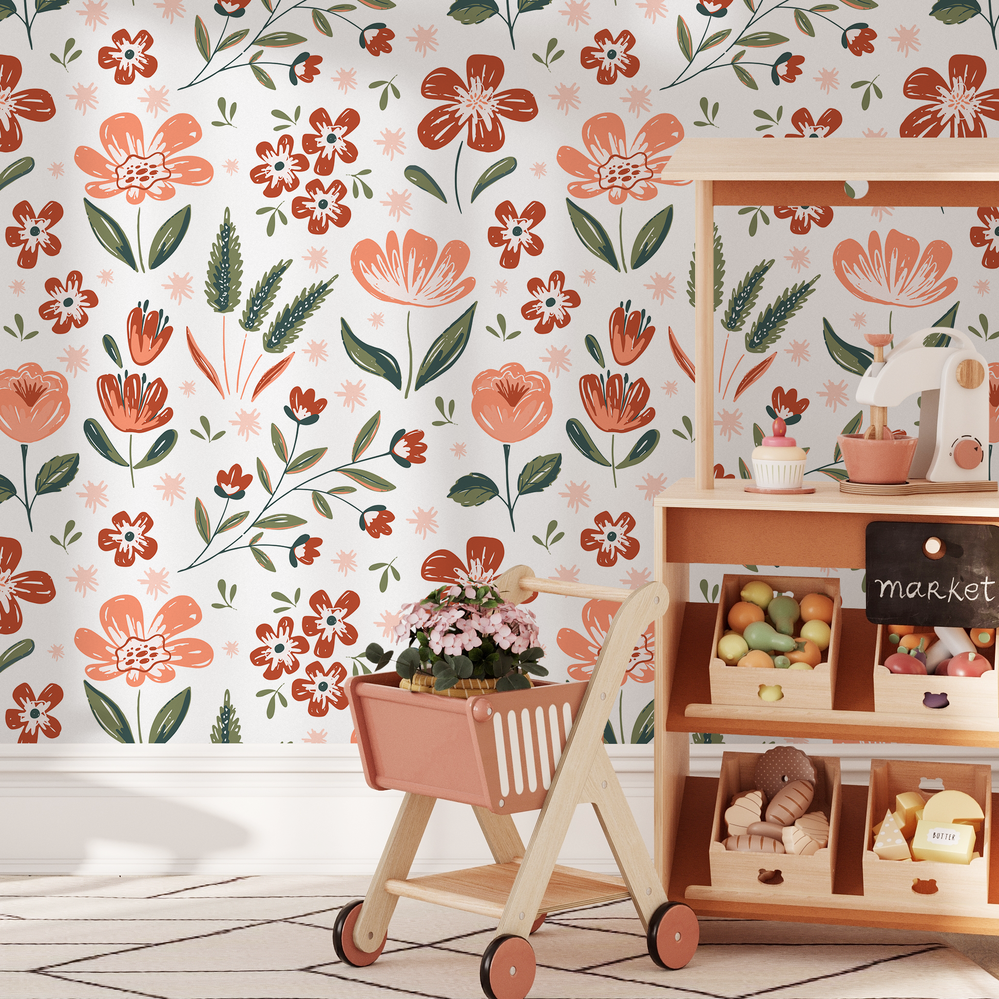 Floral Wallpaper With A Folk Art Motif In Terracotta, Peach, And Green - B653
