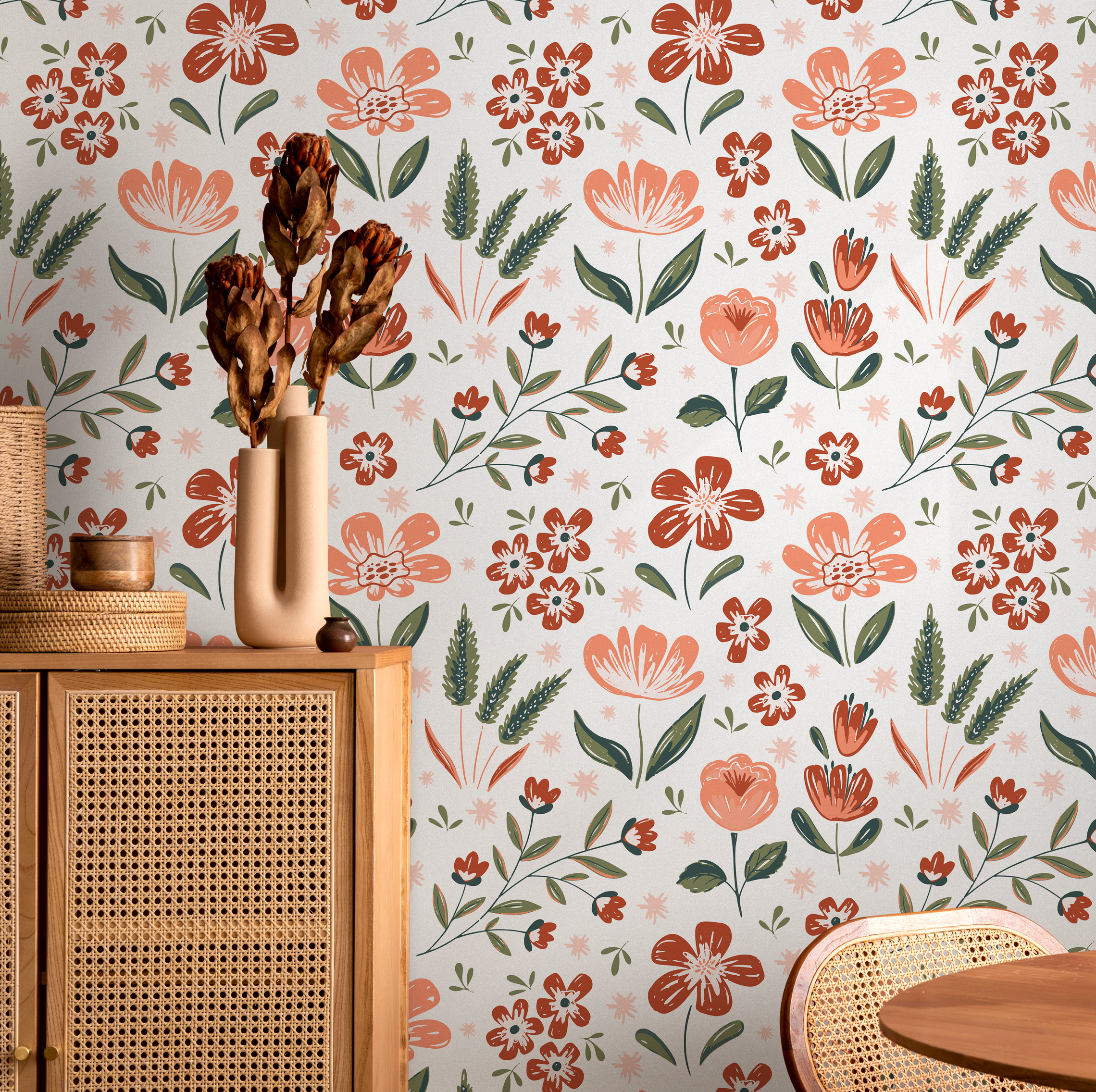 Floral Wallpaper With A Folk Art Motif In Terracotta, Peach, And Green - B653