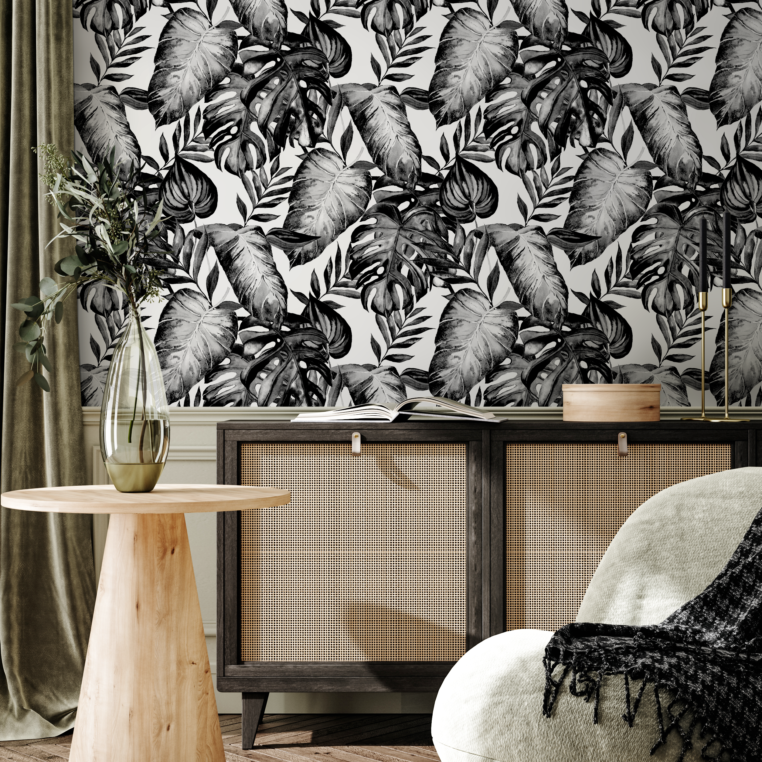 Botanical Wallpaper With A Lush Monstera Leaf Motif In Black And White - B655