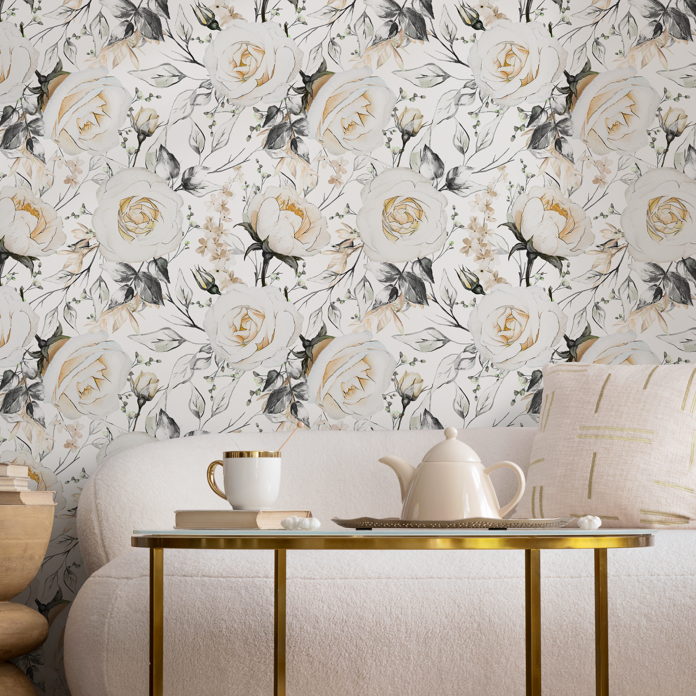 Floral Wallpaper With A Watercolor Rose Motif In Cream, Gray, And Yellow - B656