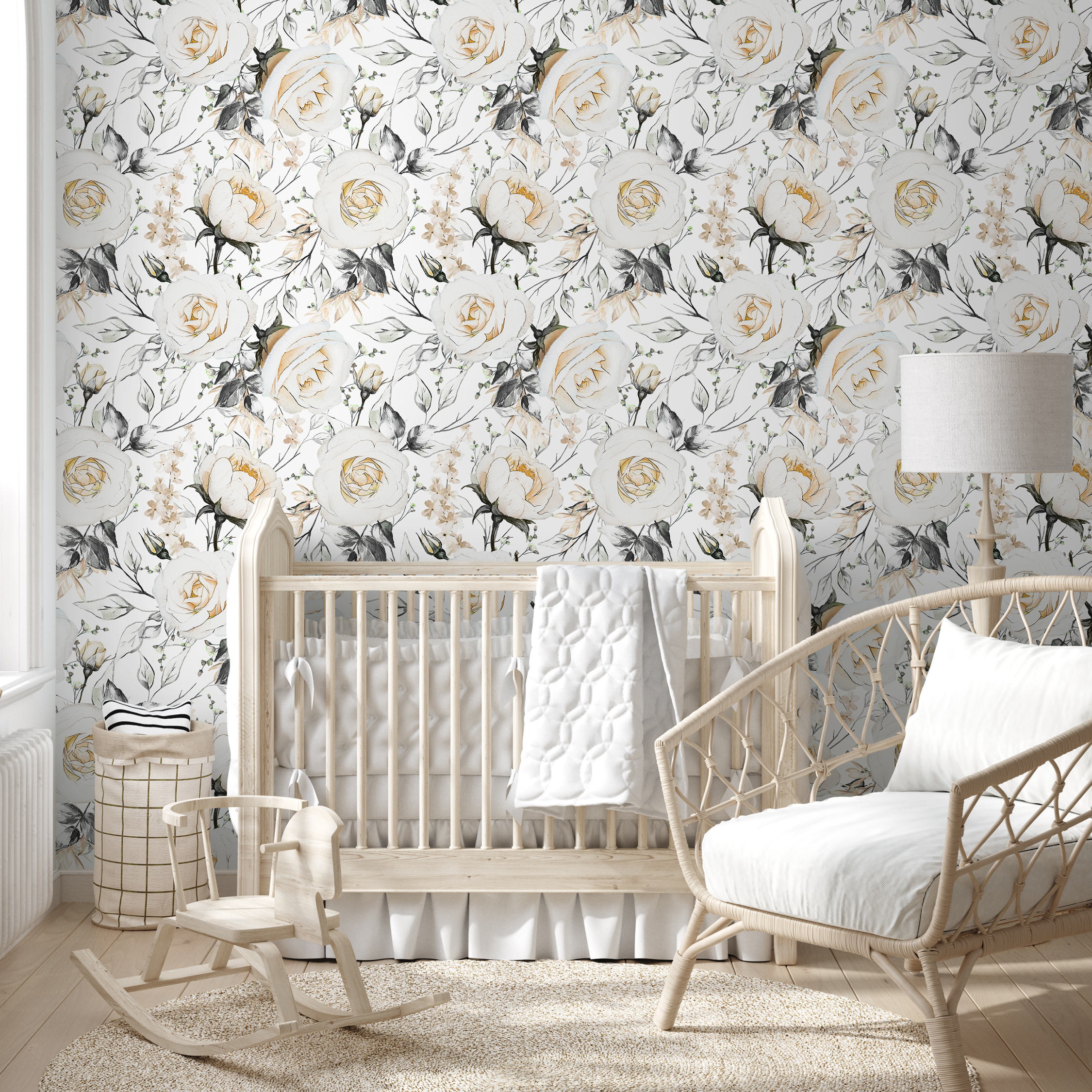 Floral Wallpaper With A Watercolor Rose Motif In Cream, Gray, And Yellow - B656