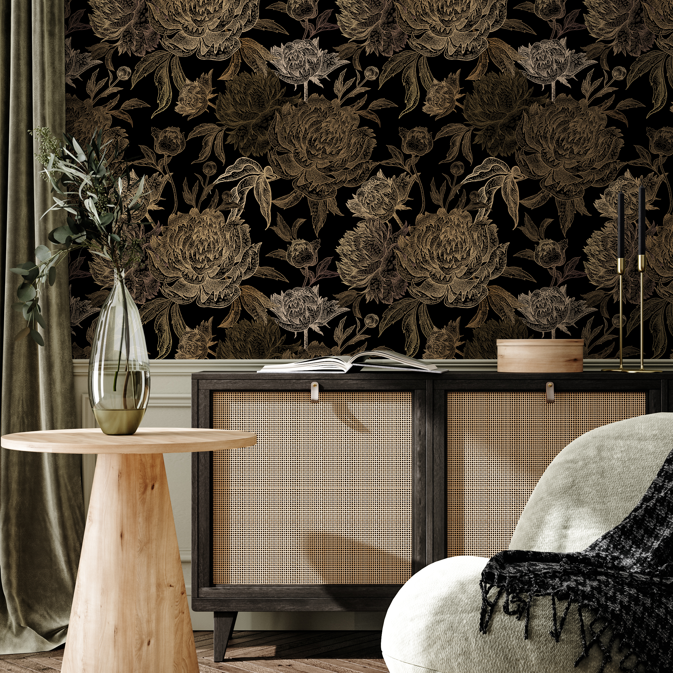 Floral Wallpaper With A Vintage Peony Motif In Black And Gold - B665