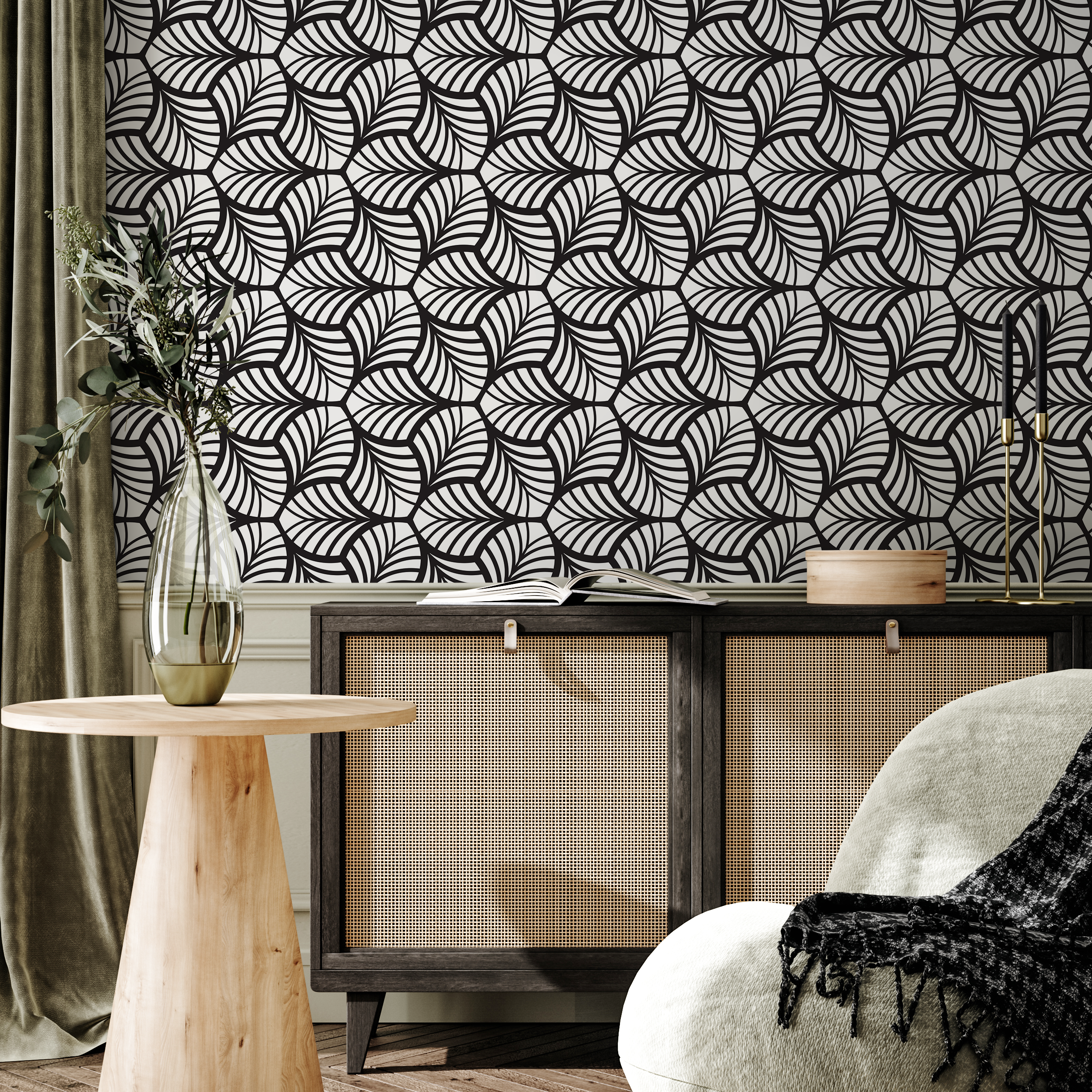Art Deco Wallpaper With A Fan-like Leaf Motif In Black And White - B666