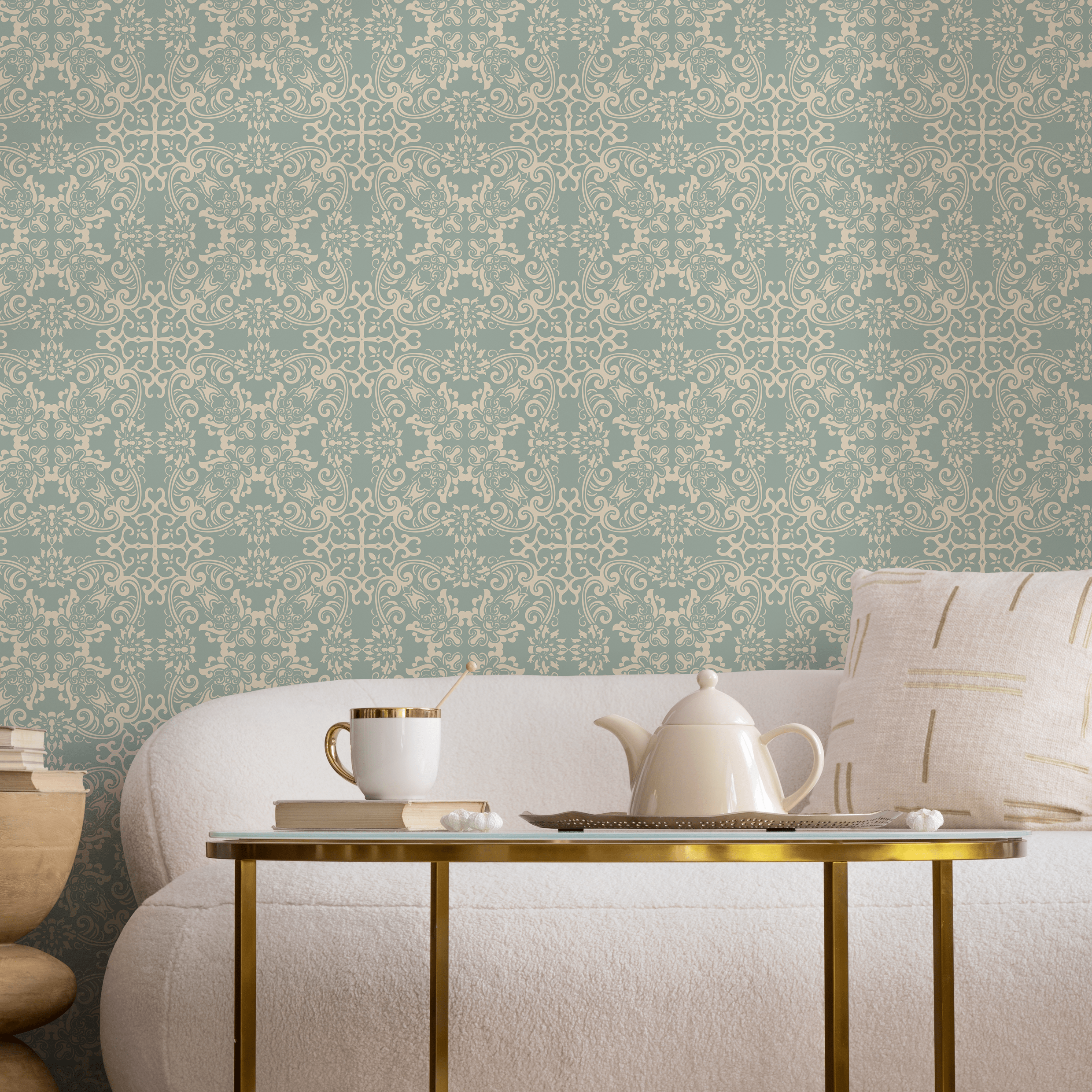 Damask Wallpaper With An Ornate Vintage Pattern In Sage Green And Cream - B667