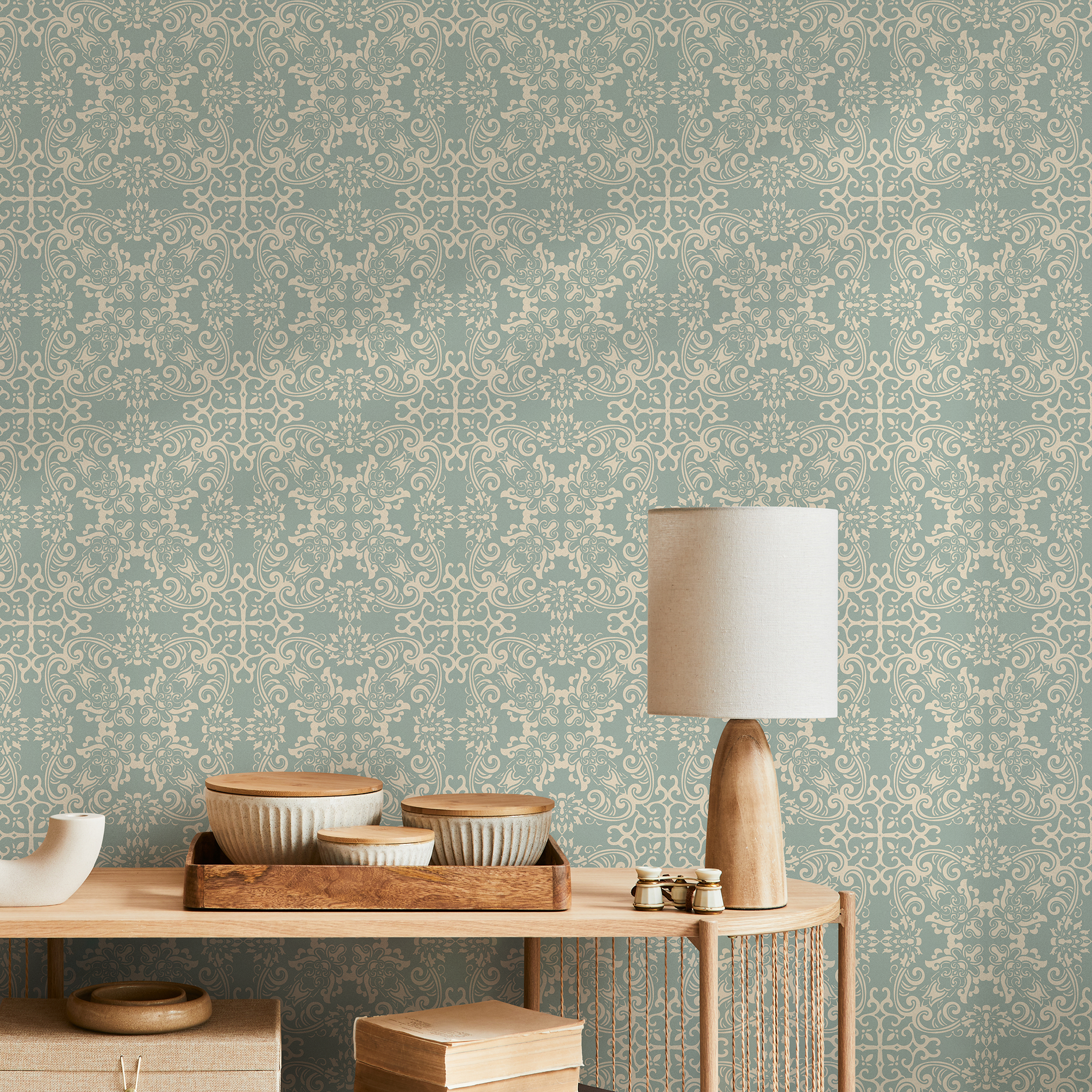 Damask Wallpaper With An Ornate Vintage Pattern In Sage Green And Cream - B667