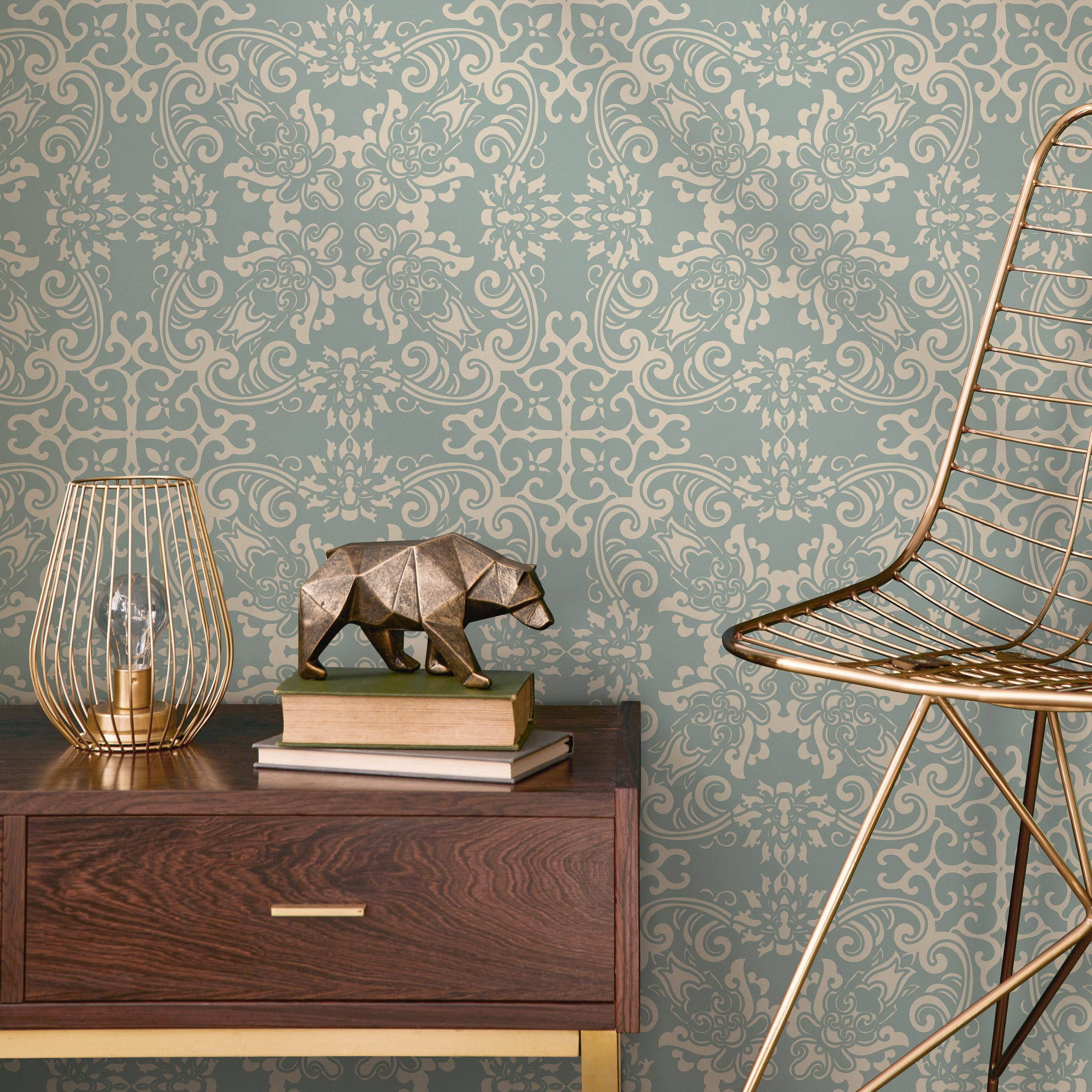 Damask Wallpaper With An Ornate Vintage Pattern In Sage Green And Cream - B667