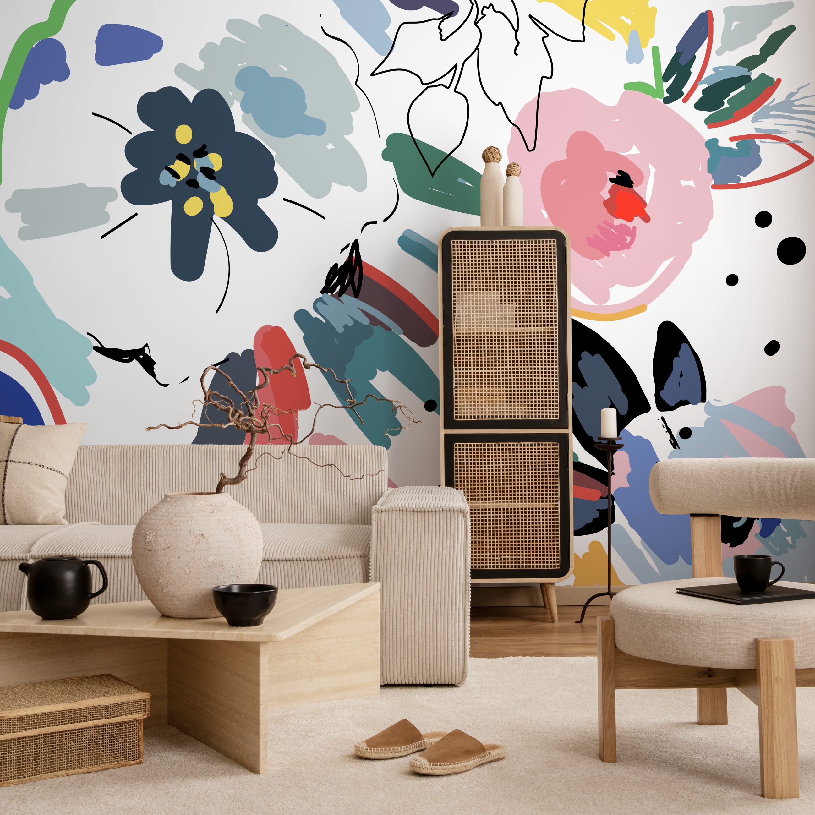 Abstract Wallpaper Featuring Painterly Flowers In Blue, Pink, And Red - B668