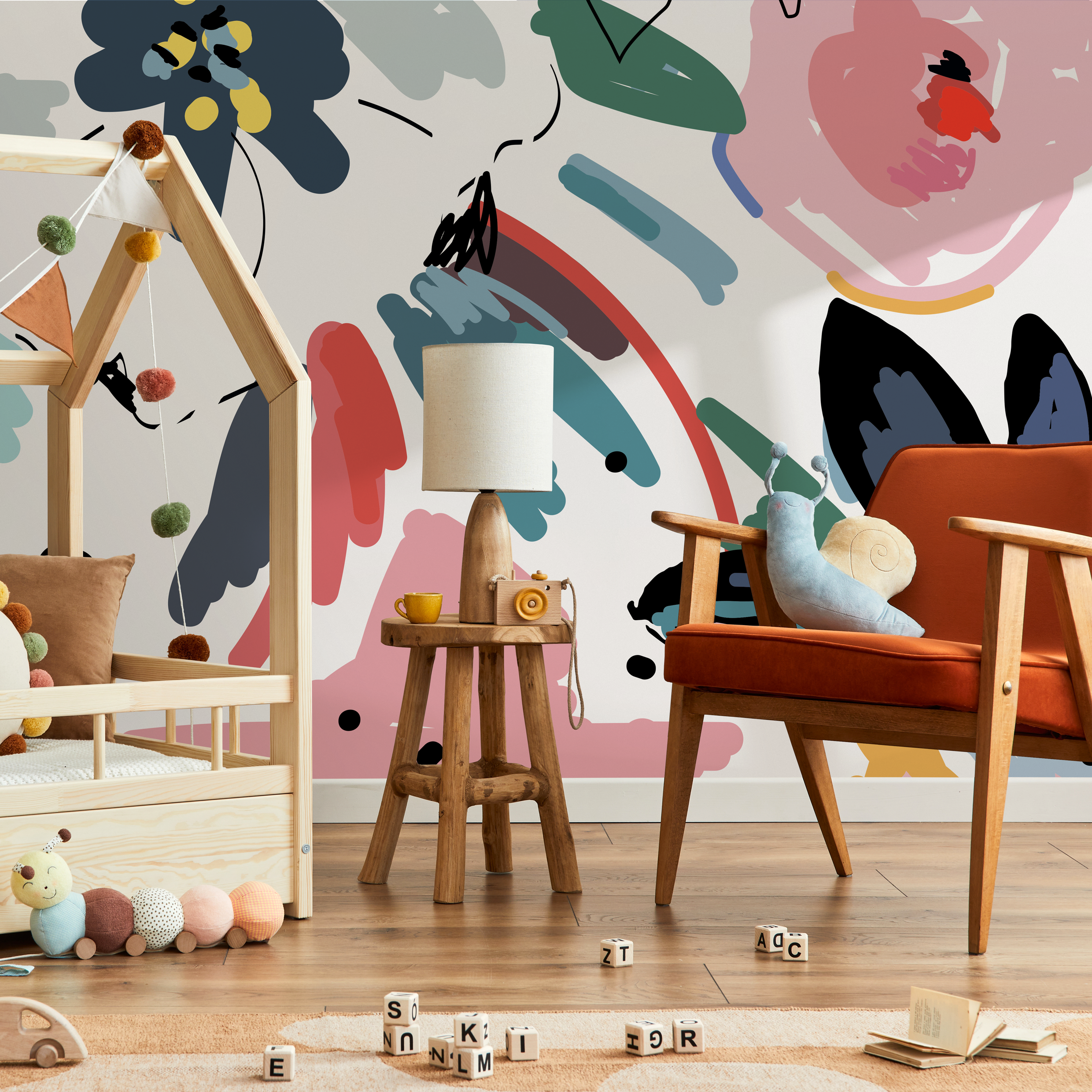 Abstract Wallpaper Featuring Painterly Flowers In Blue, Pink, And Red - B668