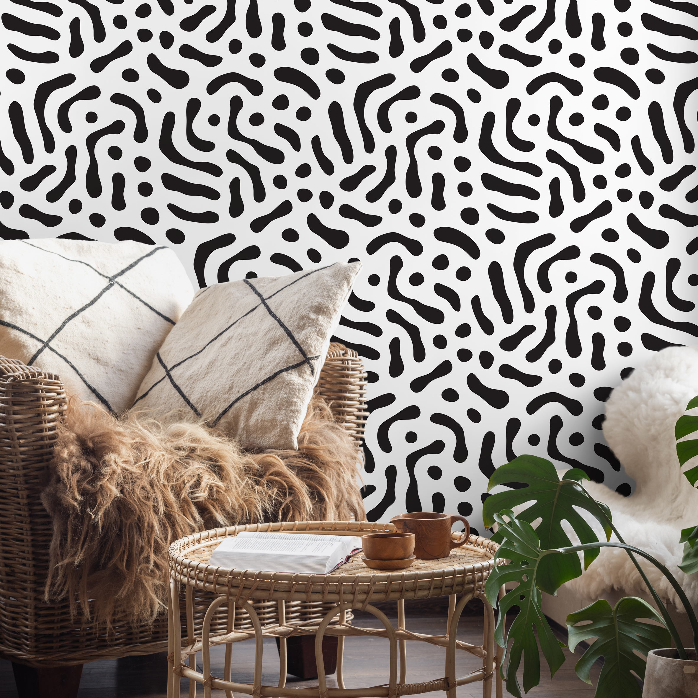 Abstract Wallpaper With An Organic Squiggle Motif In Black And White - B669