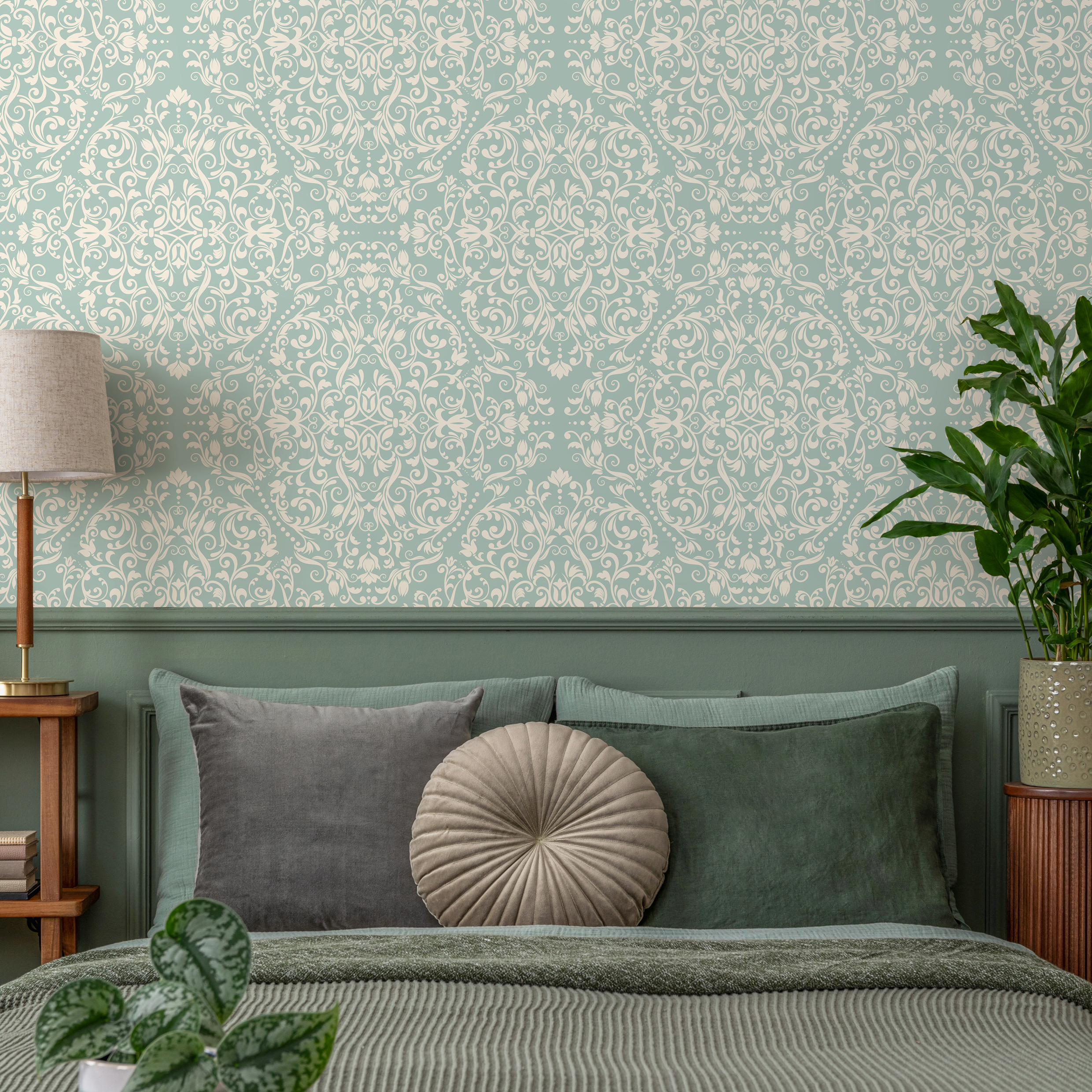 Damask Wallpaper With Intricate Scrolls In Sage Green And Cream - B670