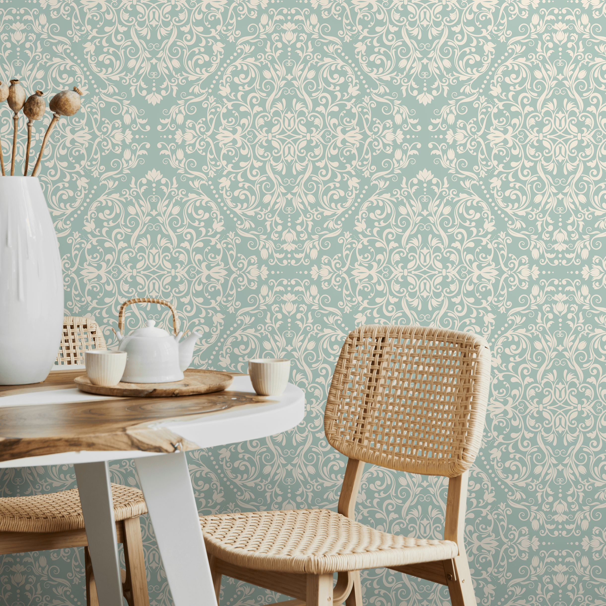 Damask Wallpaper With Intricate Scrolls In Sage Green And Cream - B670