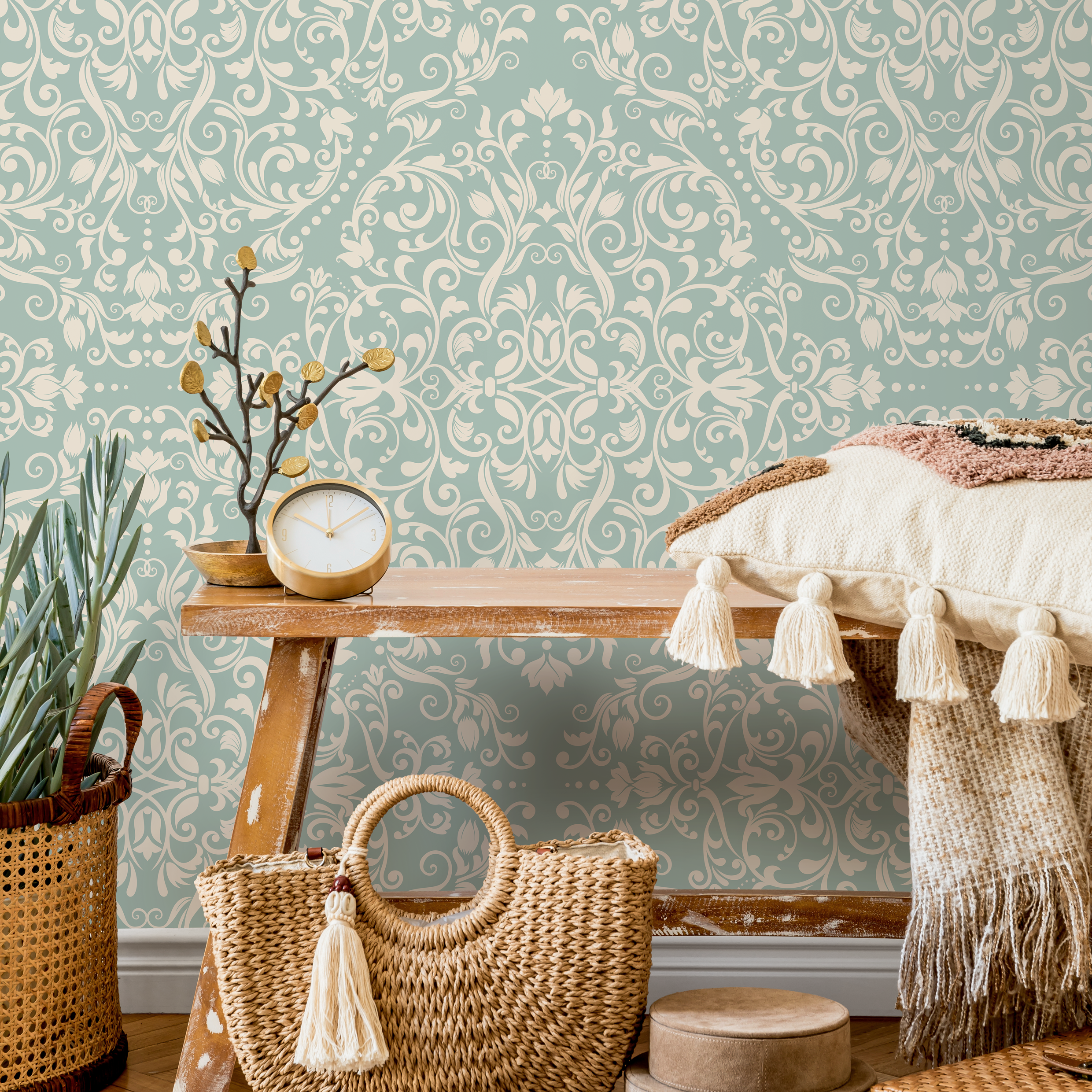Damask Wallpaper With Intricate Scrolls In Sage Green And Cream - B670