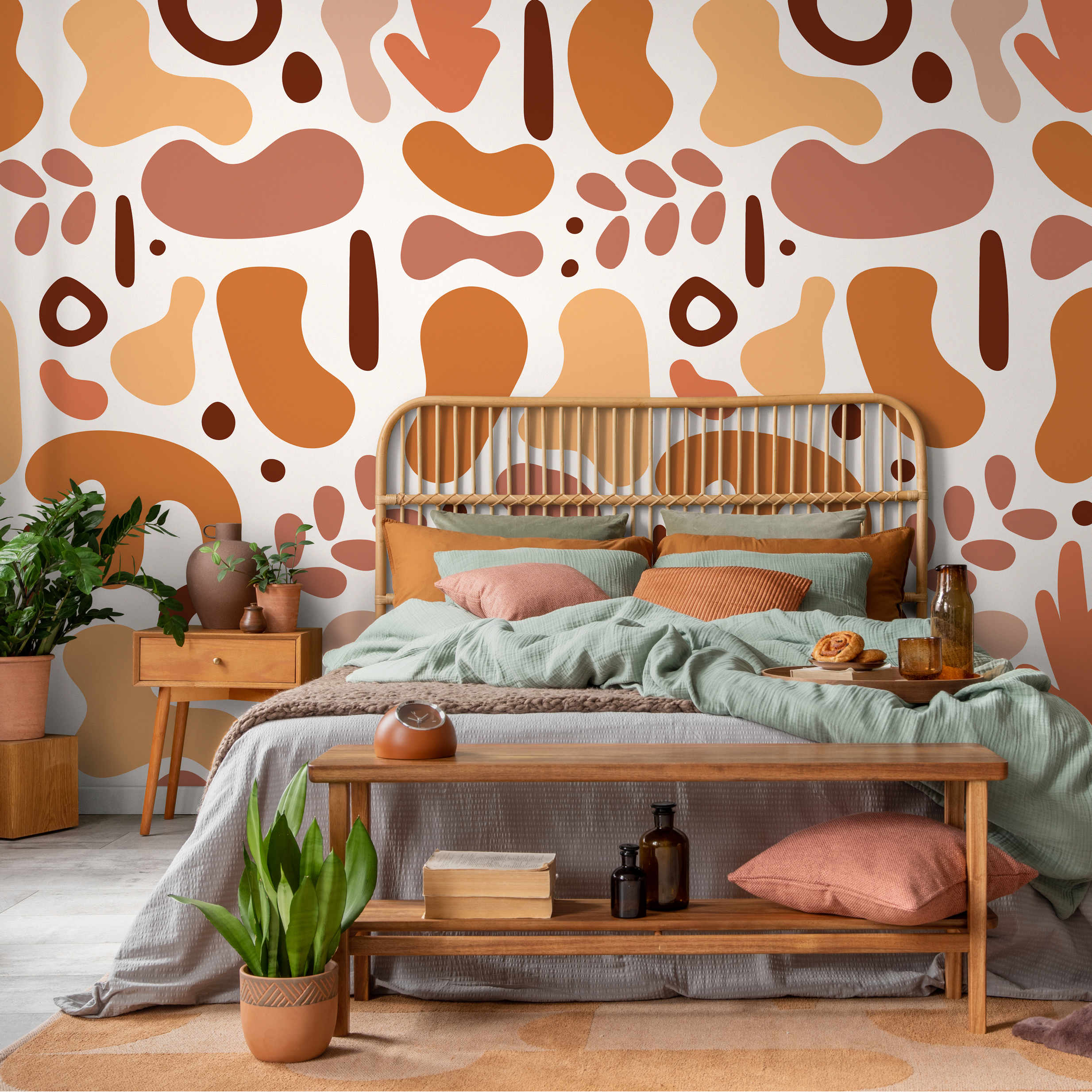 Abstract Wallpaper With Amorphous Shapes In Terracotta, Orange, And Brown - B671