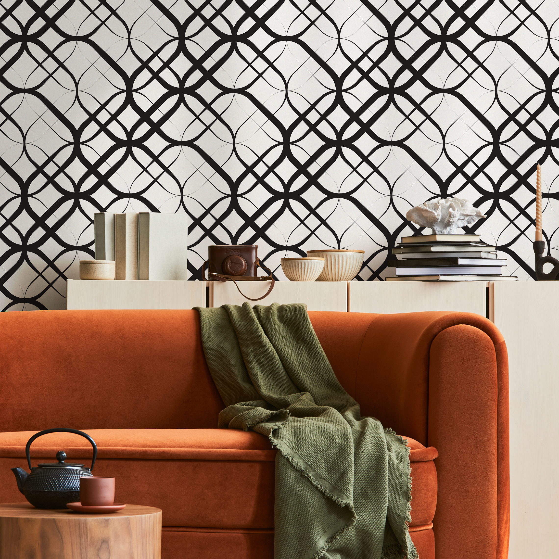 Geometric Wallpaper With Intersecting Curves In Black And White - B684