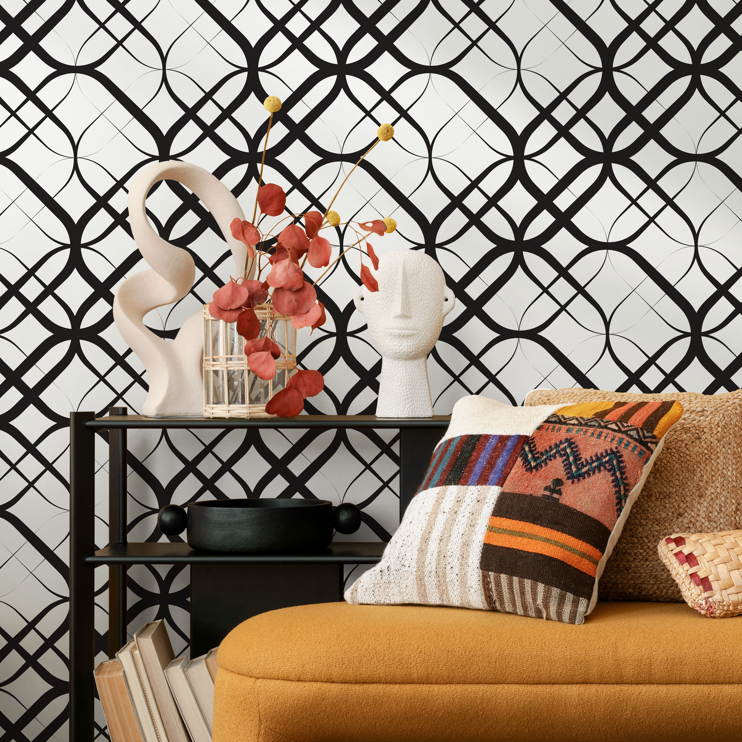 Geometric Wallpaper With Intersecting Curves In Black And White - B684