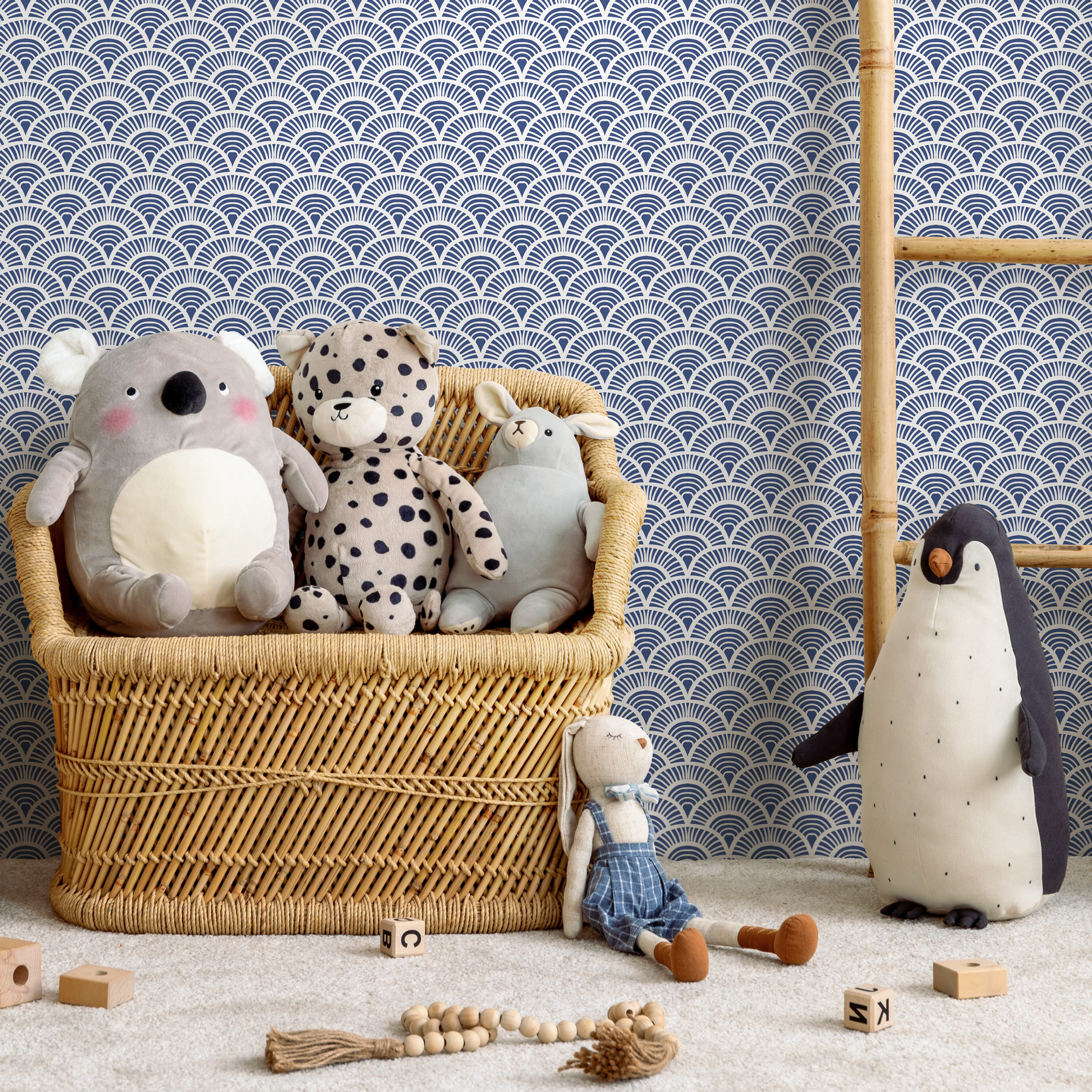 Art Deco Wallpaper With A Japanese Scallop Motif In Blue And White - B686