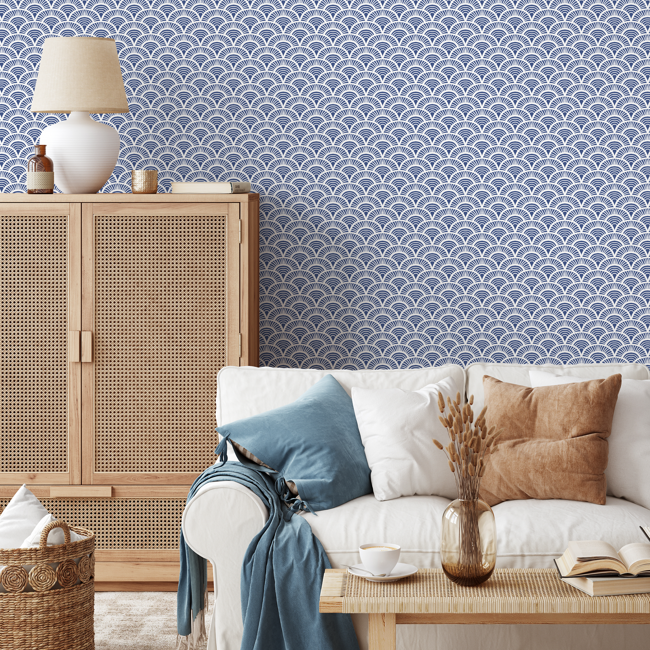 Art Deco Wallpaper With A Japanese Scallop Motif In Blue And White - B686