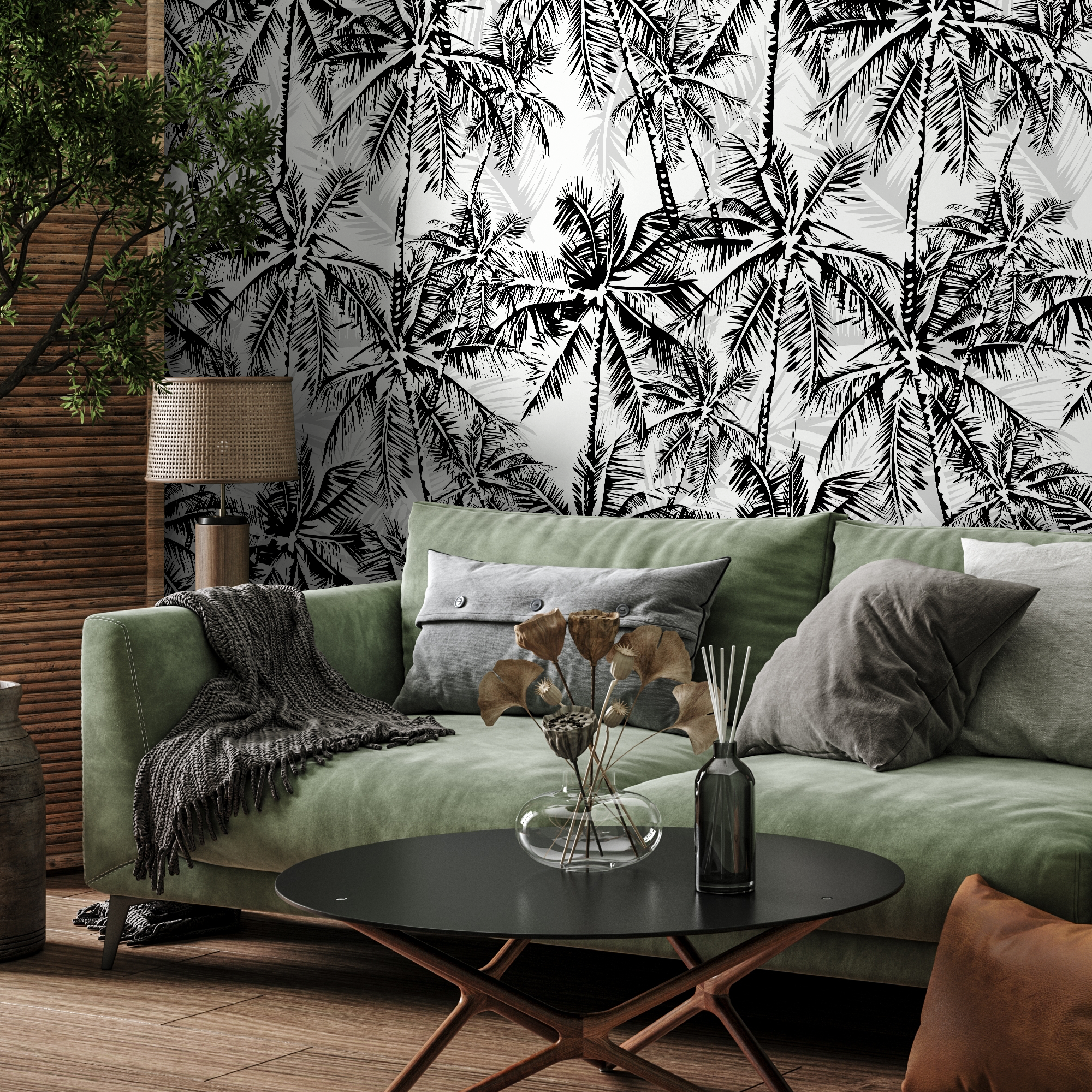 Tropical Wallpaper With Layered Palm Trees In Black And Gray - B689
