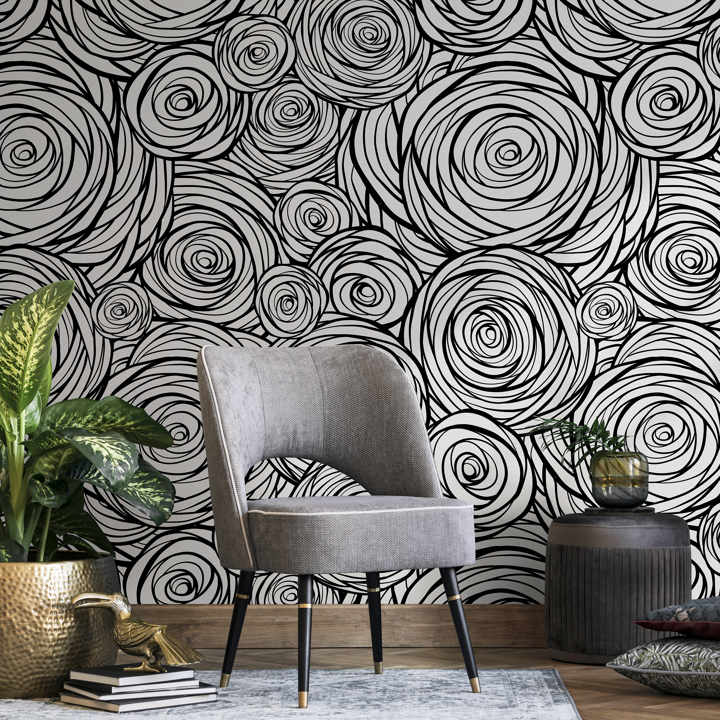 Abstract Wallpaper Featuring Swirling Roses In Black And White - B691