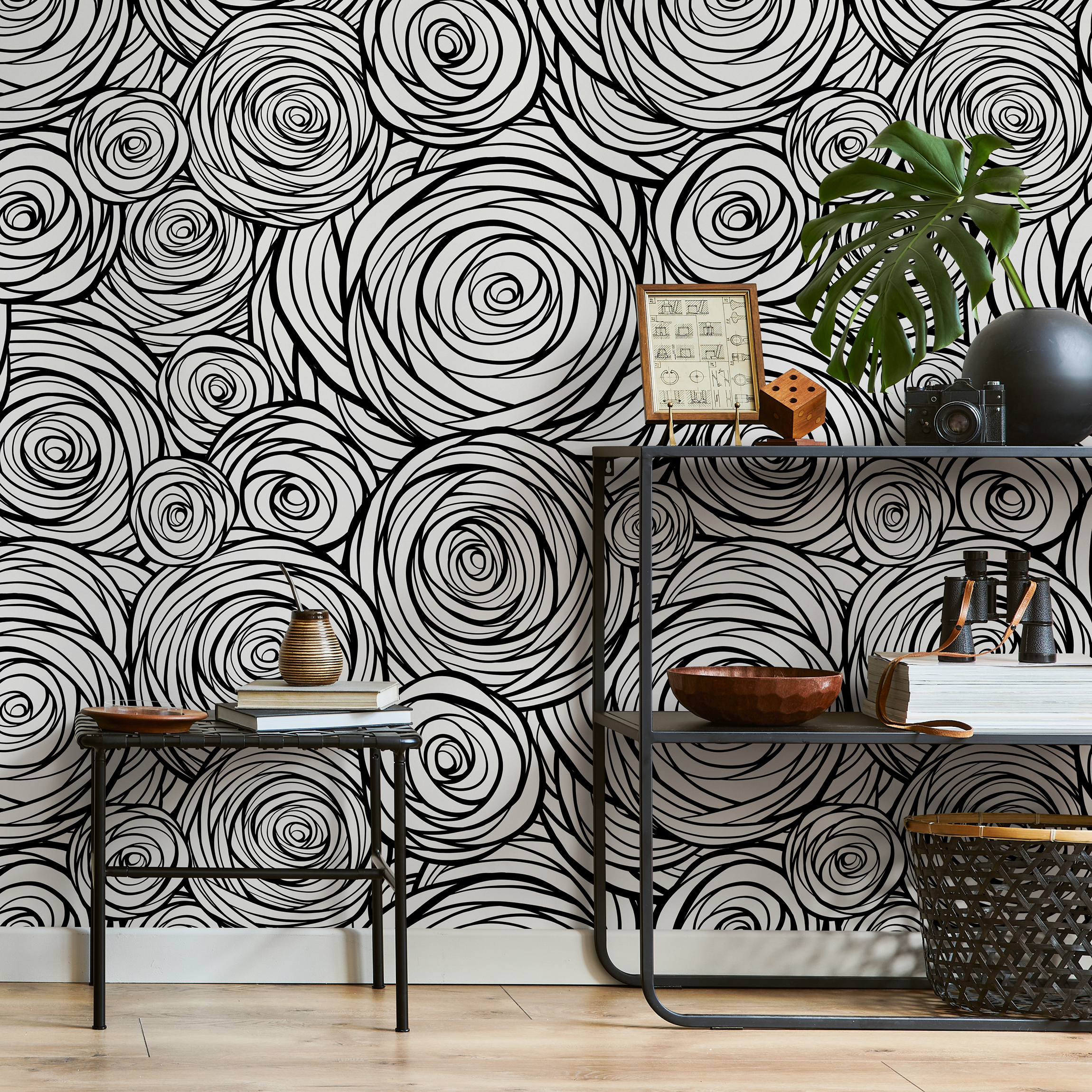 Abstract Wallpaper Featuring Swirling Roses In Black And White - B691