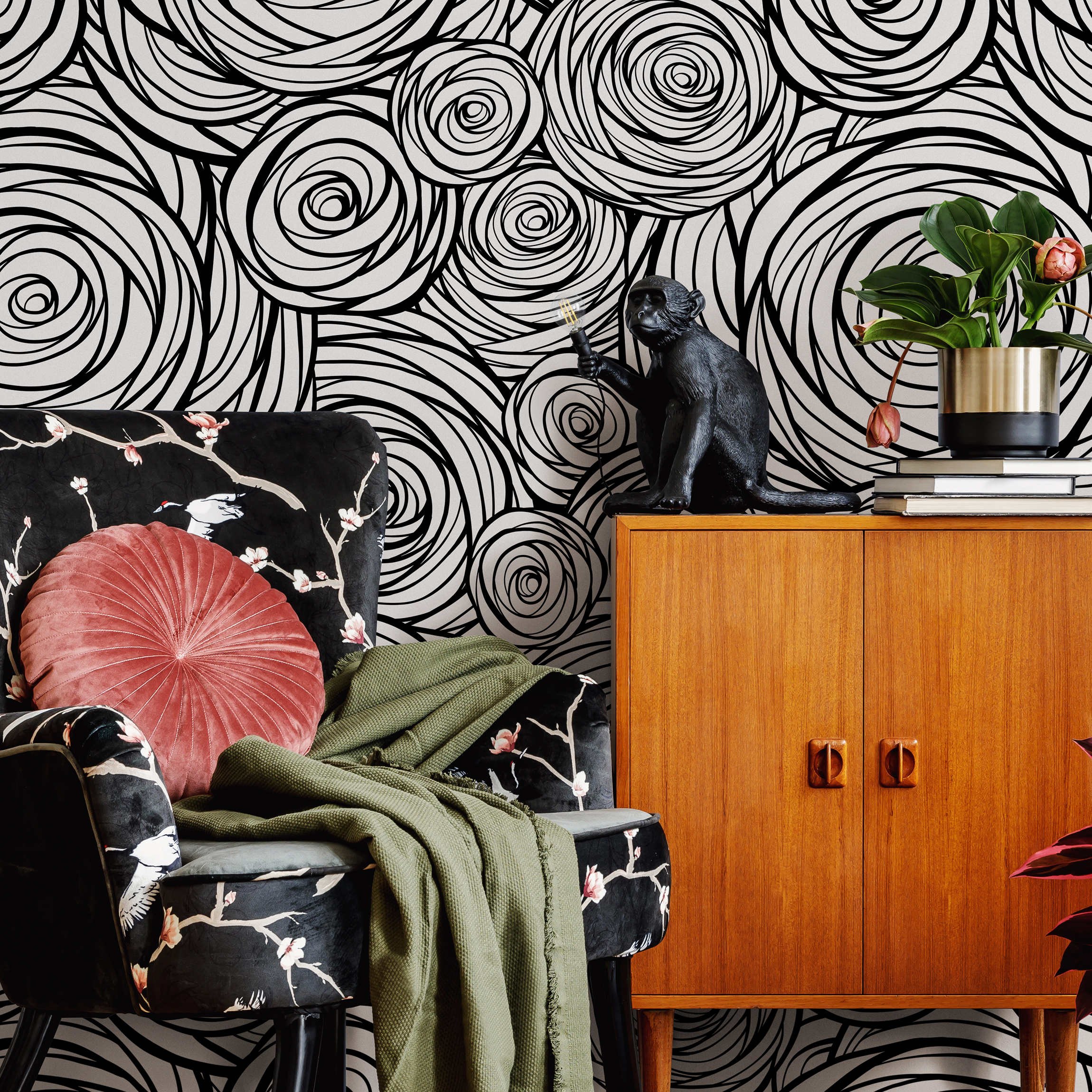 Abstract Wallpaper Featuring Swirling Roses In Black And White - B691