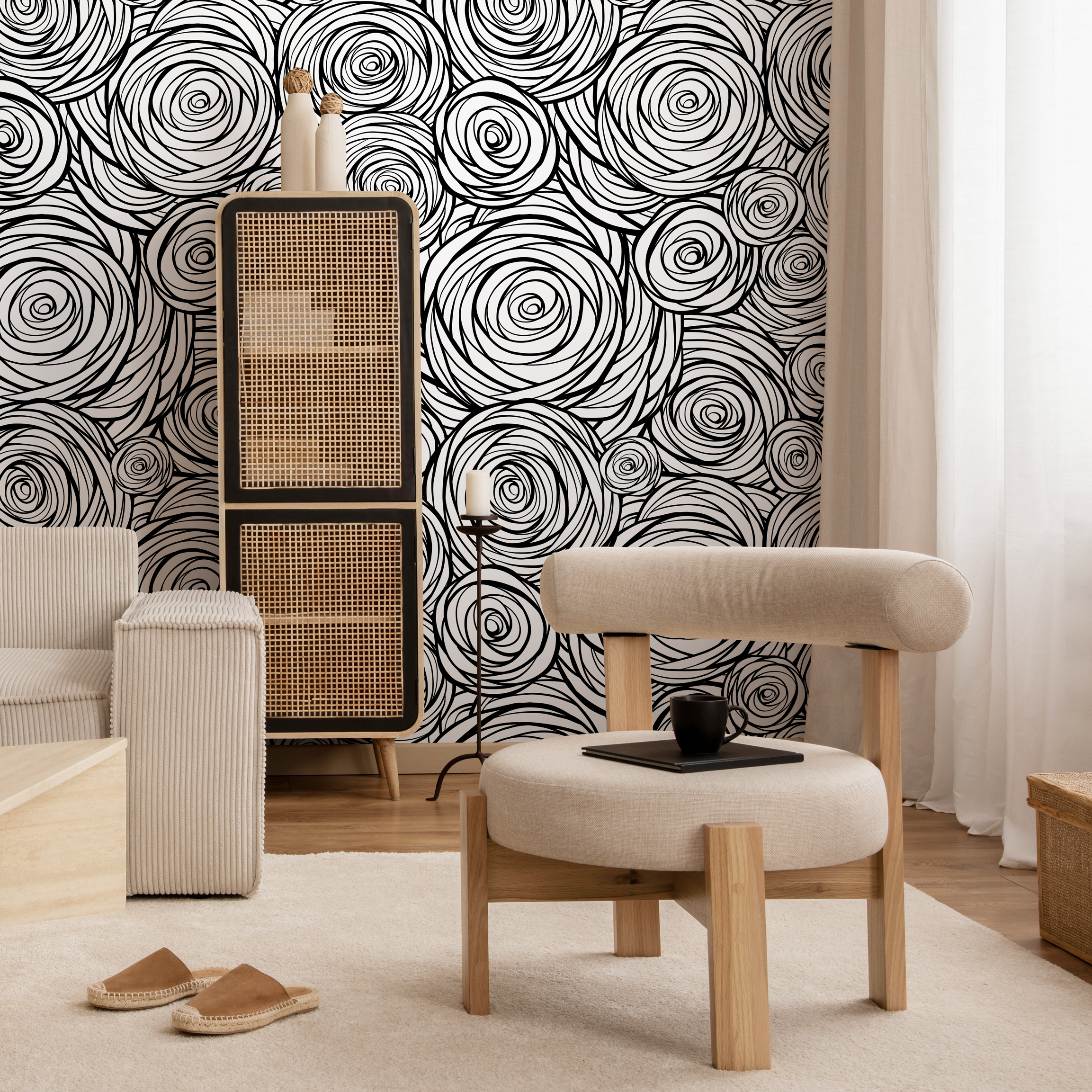 Abstract Wallpaper Featuring Swirling Roses In Black And White - B691