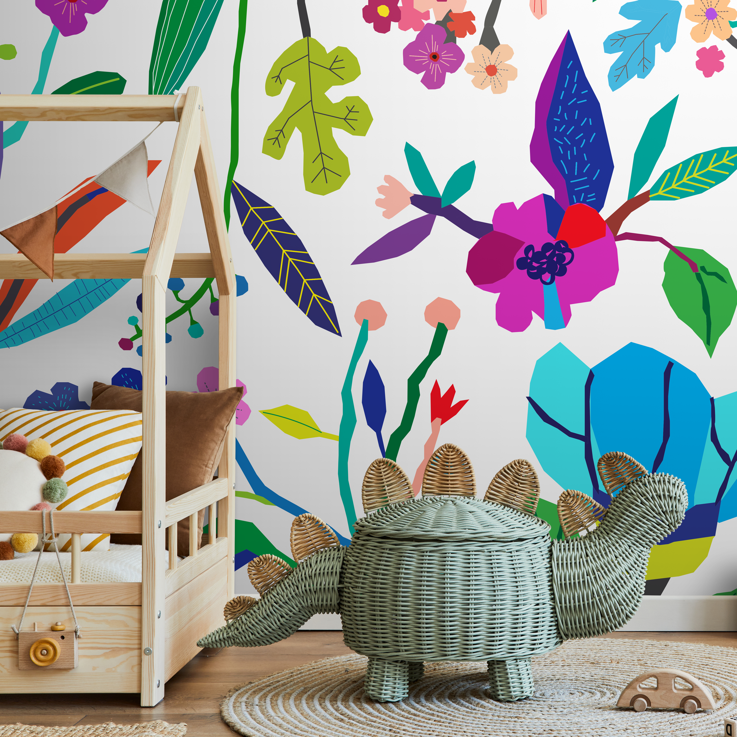 Floral Wallpaper With A Colorful Cutout Design In Blue, Purple, And Green - B692