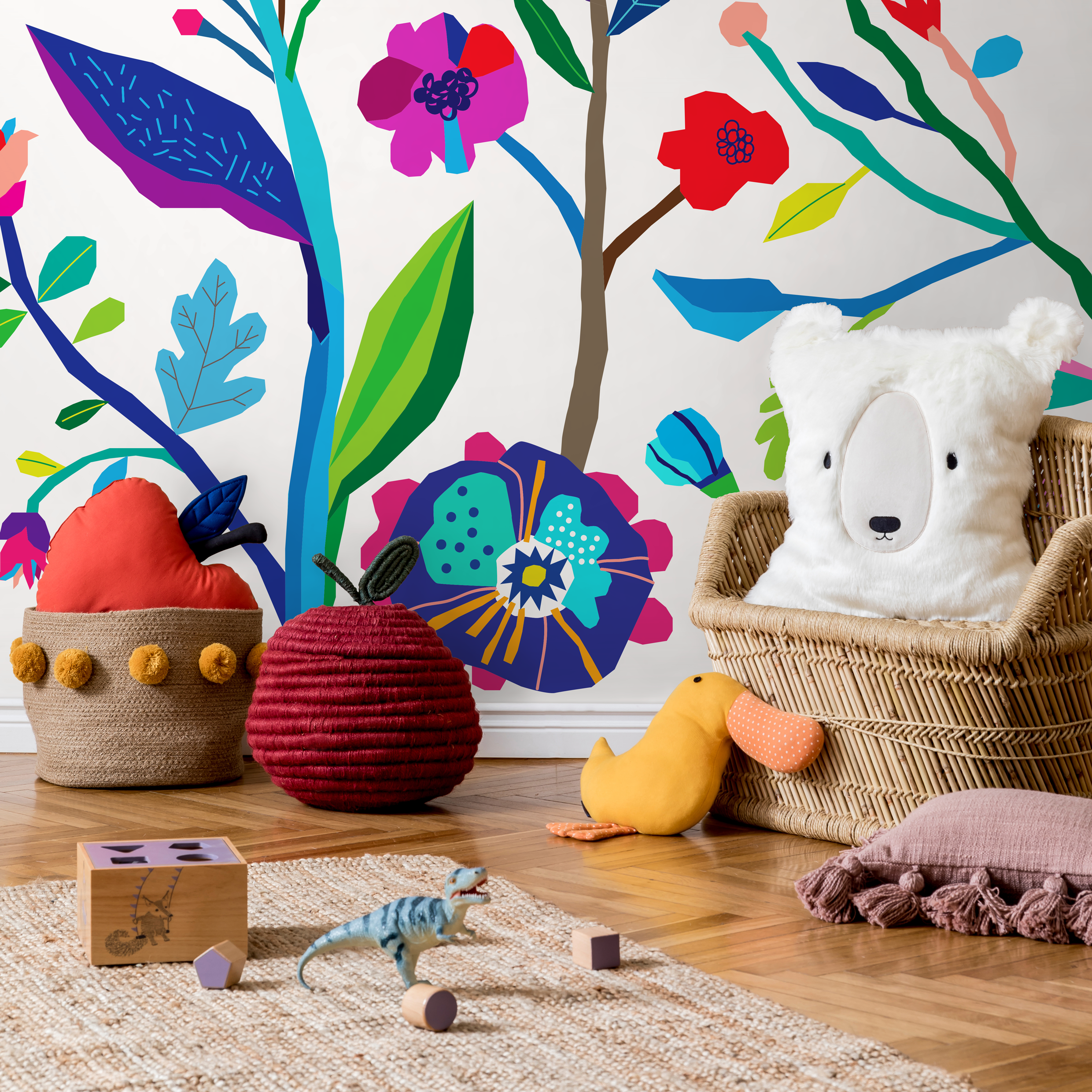 Floral Wallpaper With A Colorful Cutout Design In Blue, Purple, And Green - B692