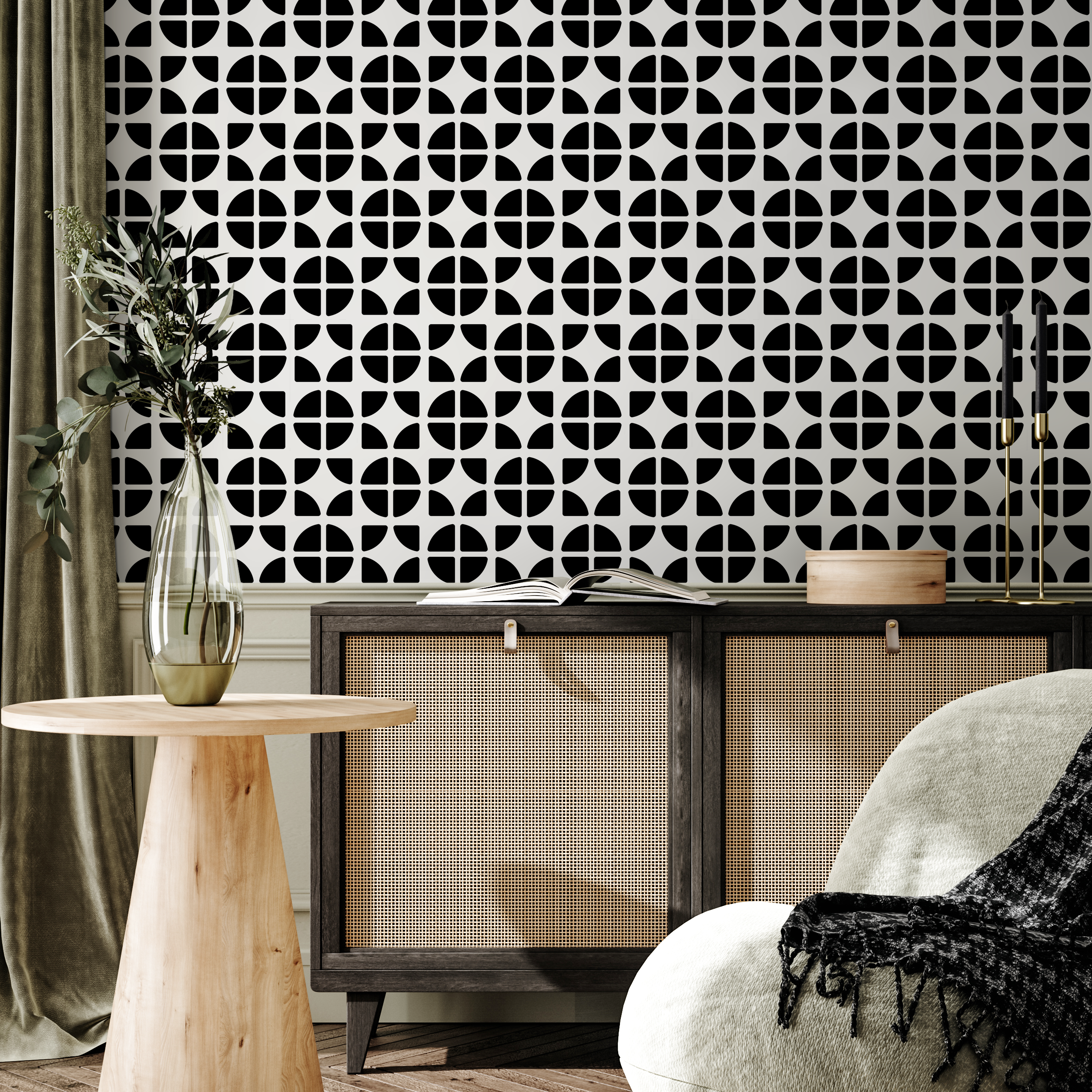 Geometric Wallpaper With A Quarter-circle Tile Motif In Black And White - B693