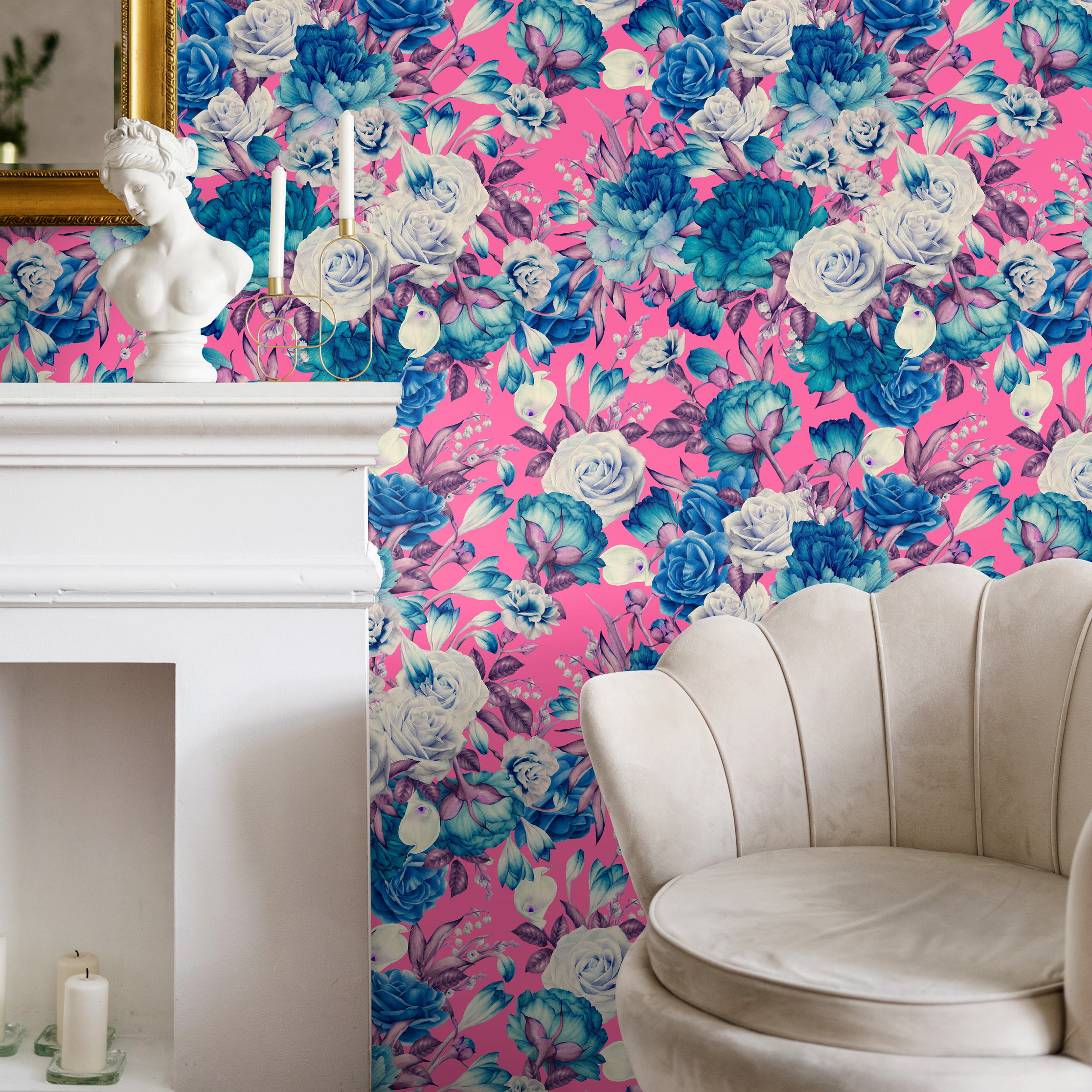 Floral Wallpaper Featuring A Lush Rose Bouquet In Pink, Blue, And White - B695