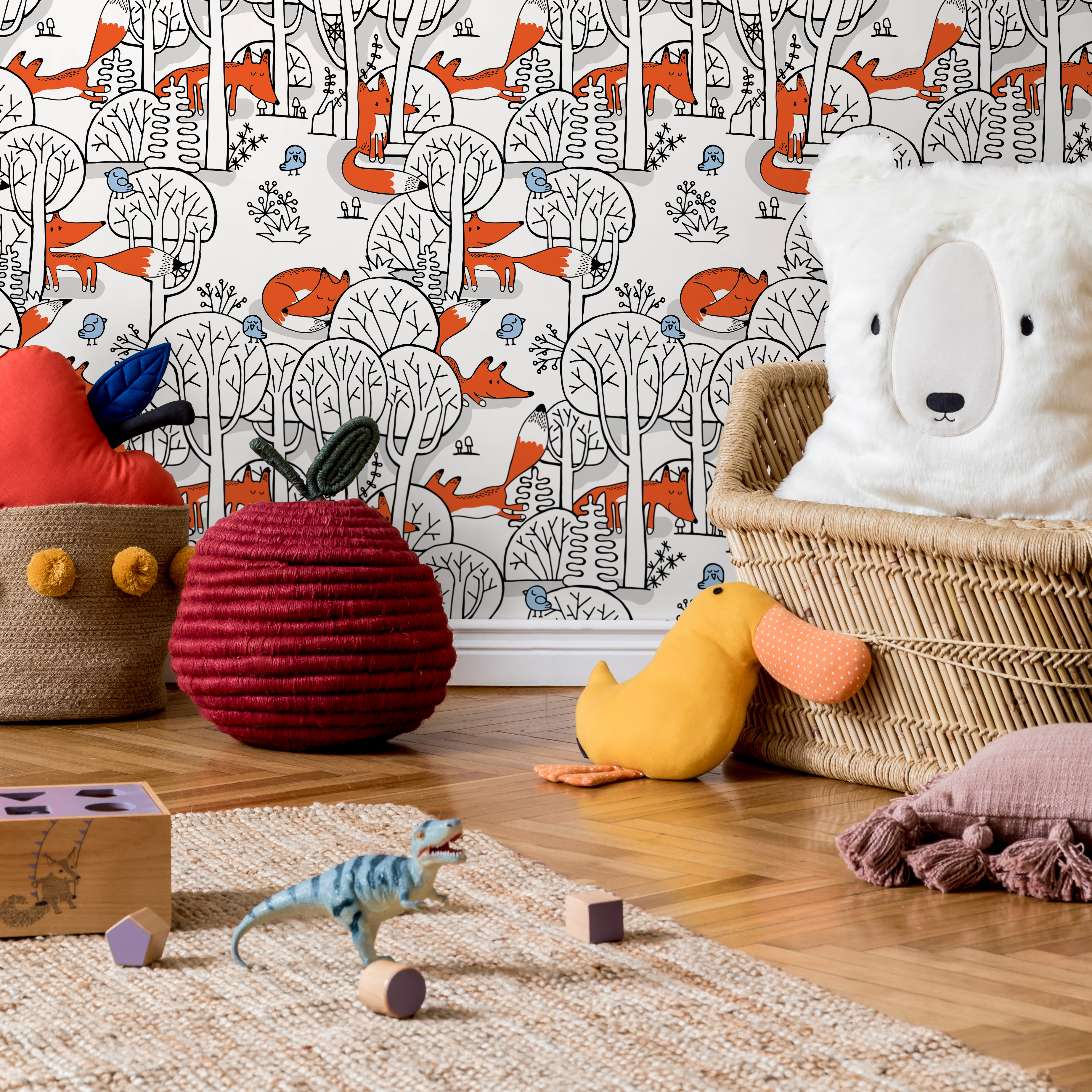 Woodland Wallpaper Featuring Hand-drawn Foxes And Birds In Orange, Black, And Blue - B698