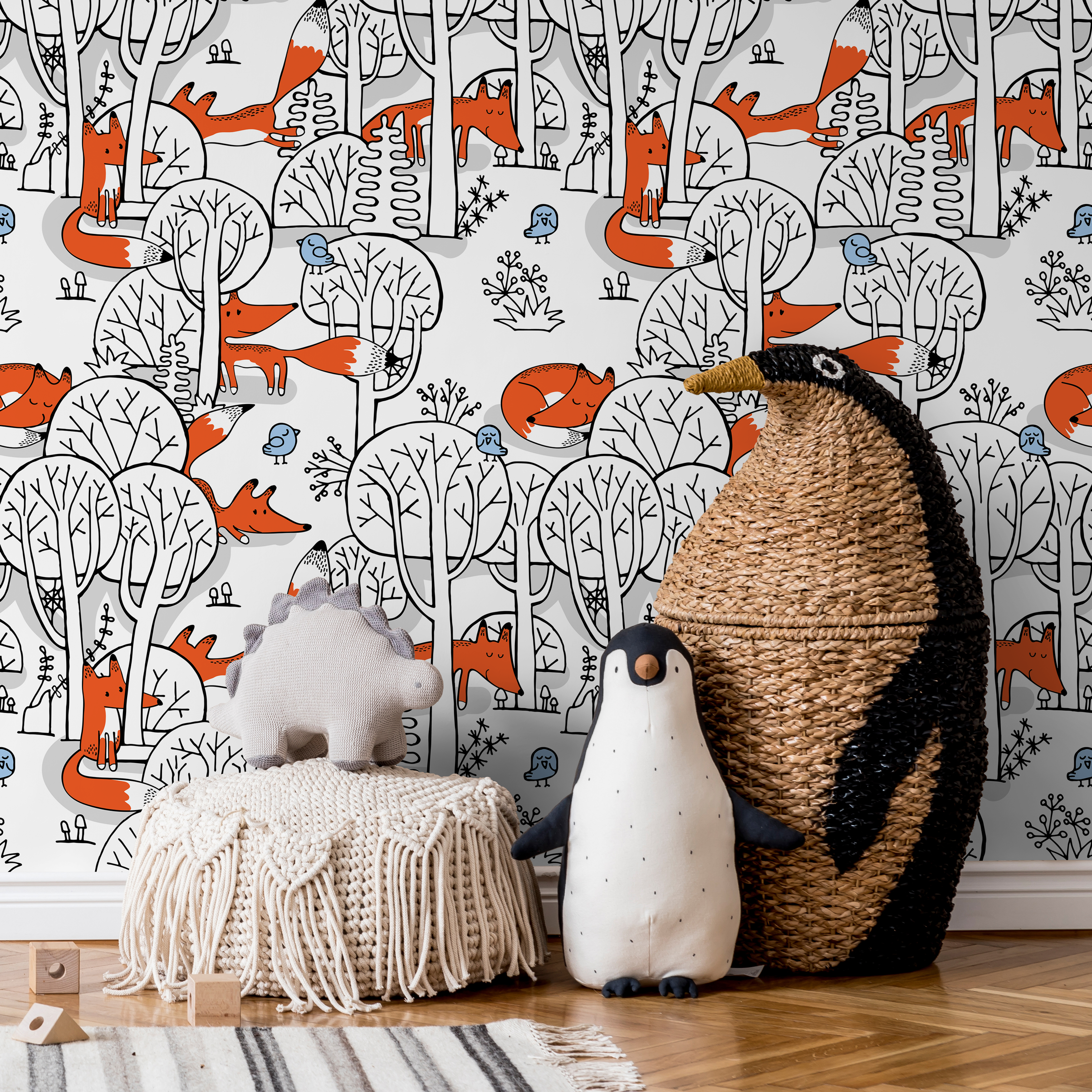 Woodland Wallpaper Featuring Hand-drawn Foxes And Birds In Orange, Black, And Blue - B698