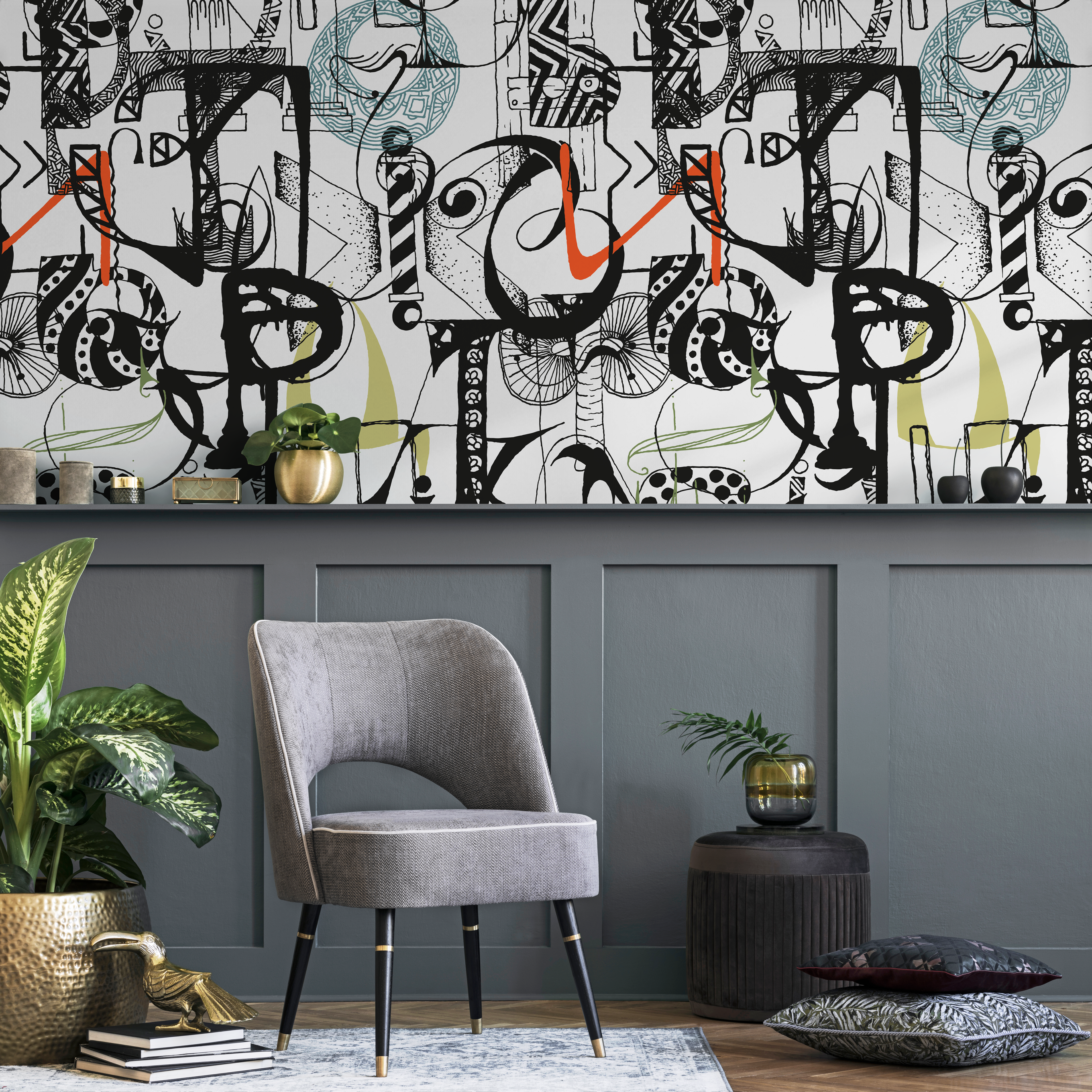 Abstract Wallpaper With A Cubist Art Collage In Black, Teal, And Orange - B699