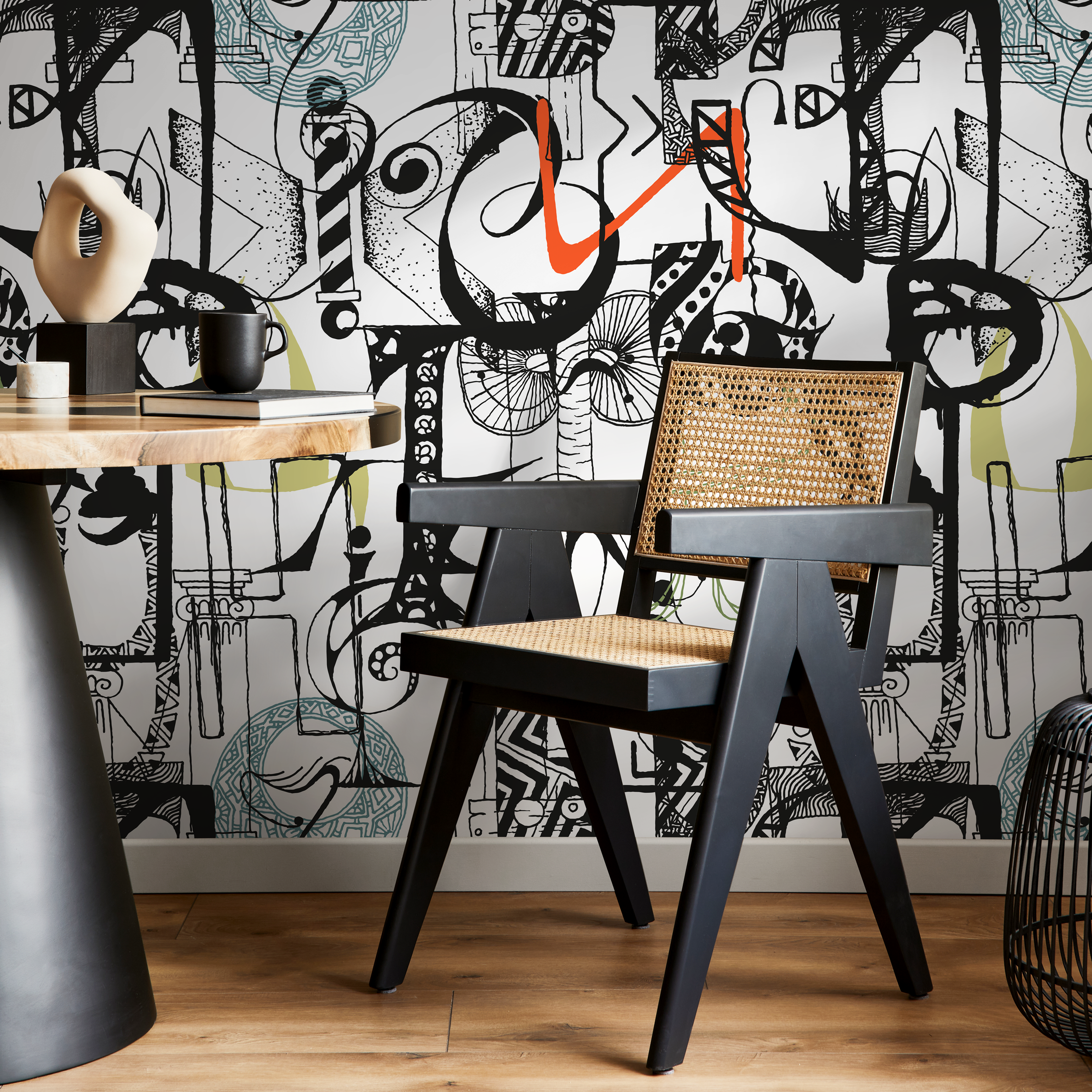 Abstract Wallpaper With A Cubist Art Collage In Black, Teal, And Orange - B699