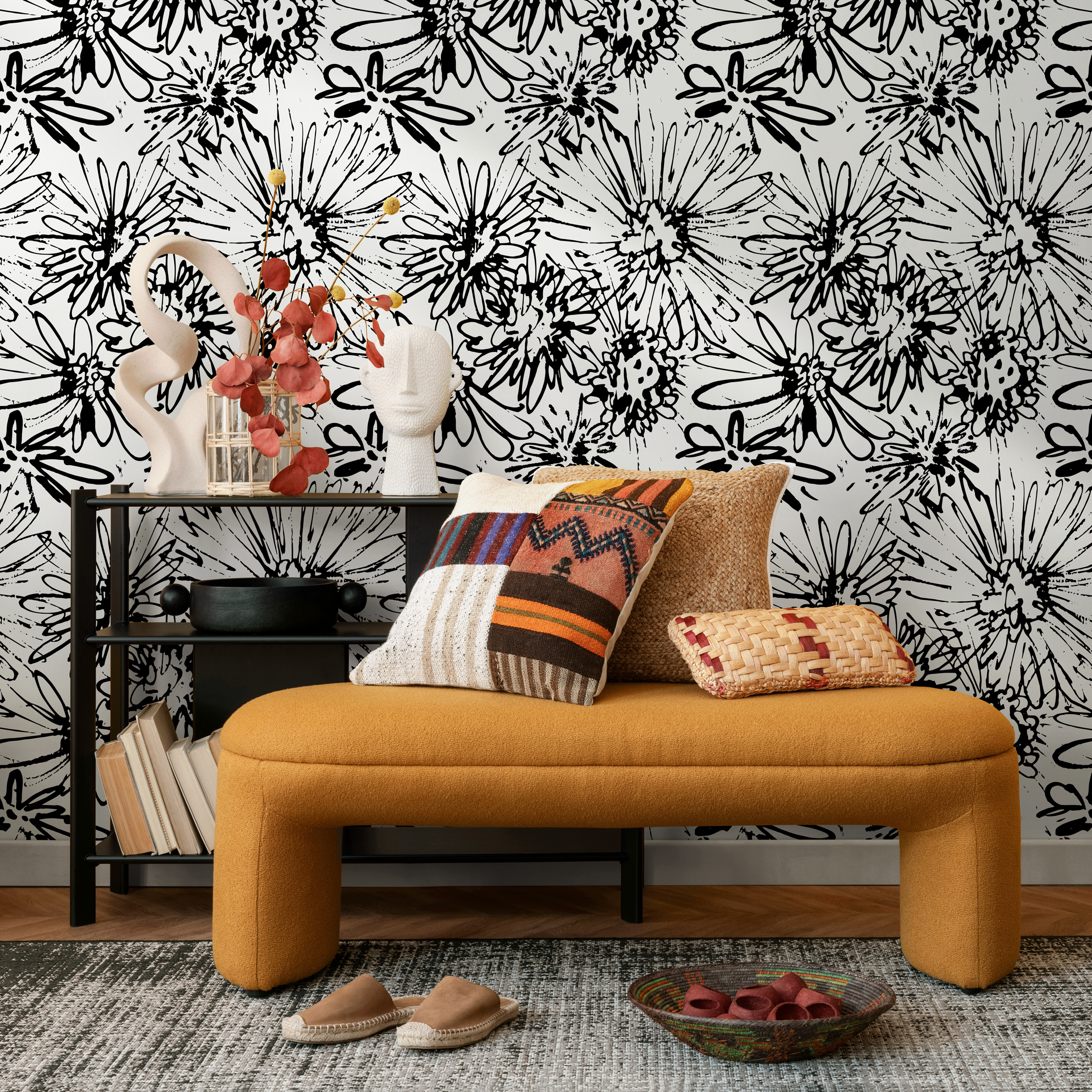 Floral Wallpaper With An Abstract Sketch Motif In Black And White - B703