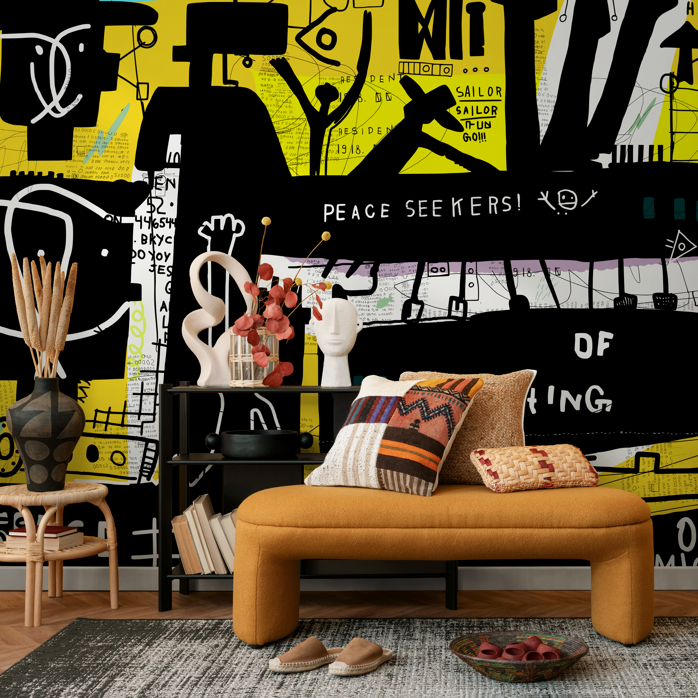 Street Art Wallpaper With An Expressive Collage In Black, Yellow, And White - B704