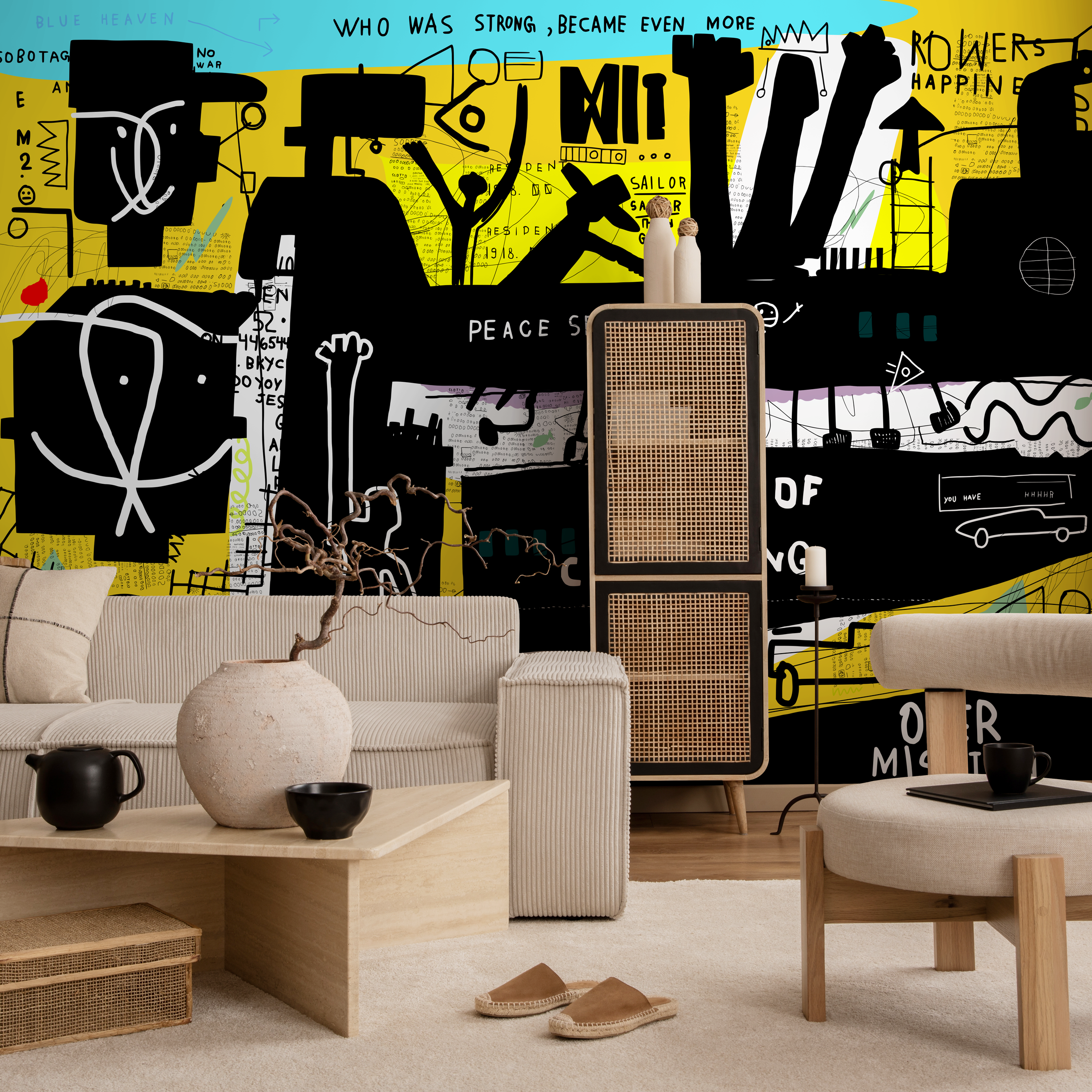 Street Art Wallpaper With An Expressive Collage In Black, Yellow, And White - B704