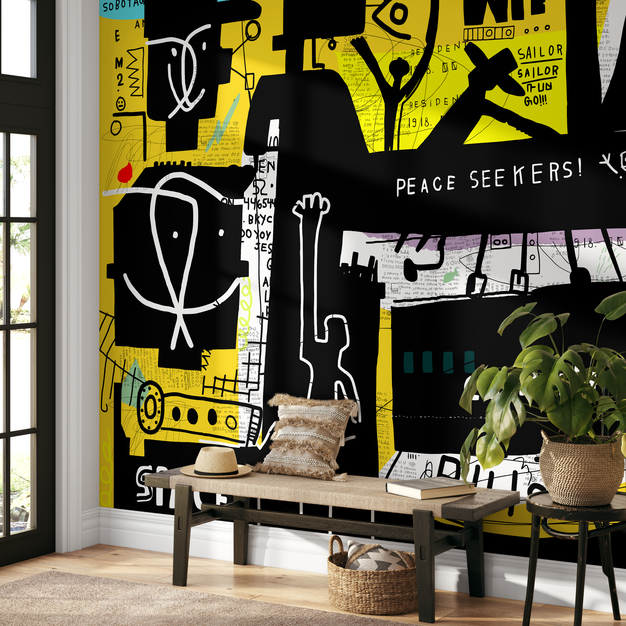 Street Art Wallpaper With An Expressive Collage In Black, Yellow, And White - B704