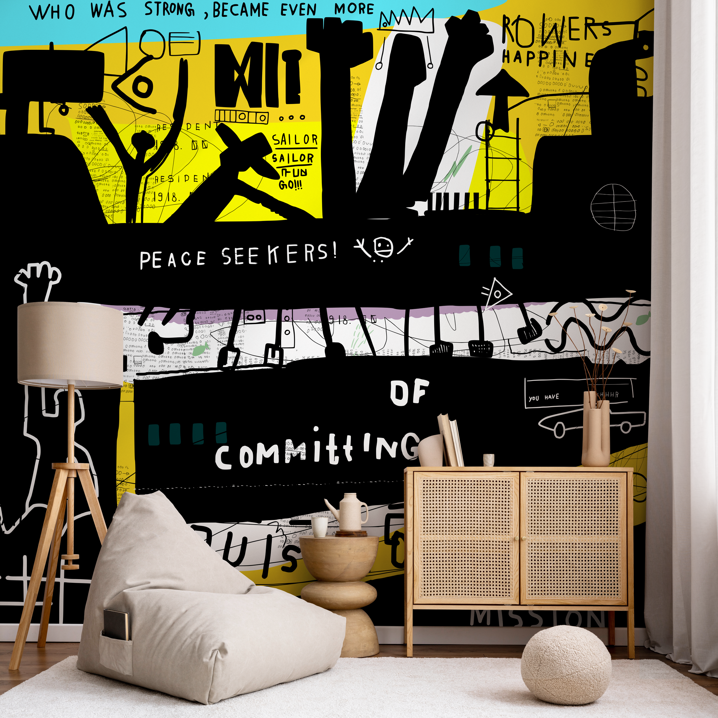 Street Art Wallpaper With An Expressive Collage In Black, Yellow, And White - B704