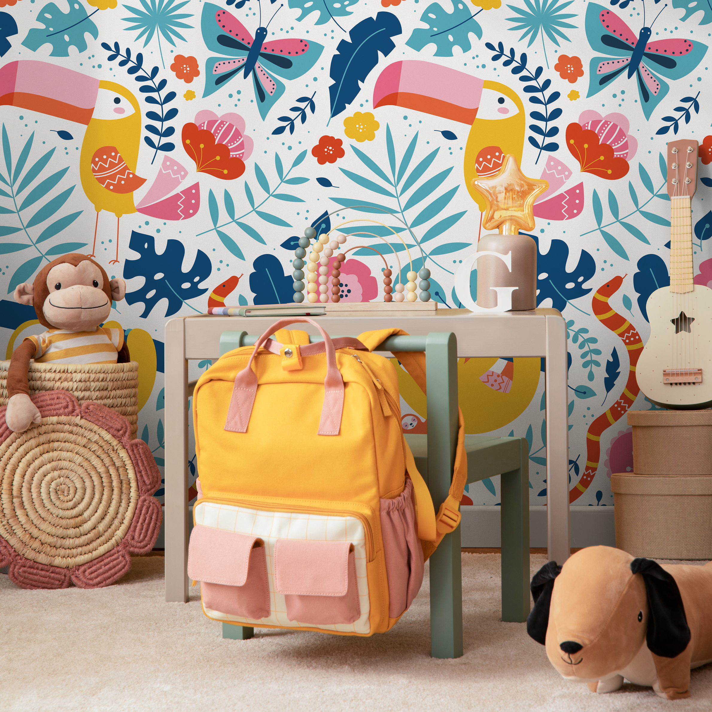 Jungle Wallpaper With Cute Sloths And Tropical Leaves In Yellow, Pink, And Blue - B707