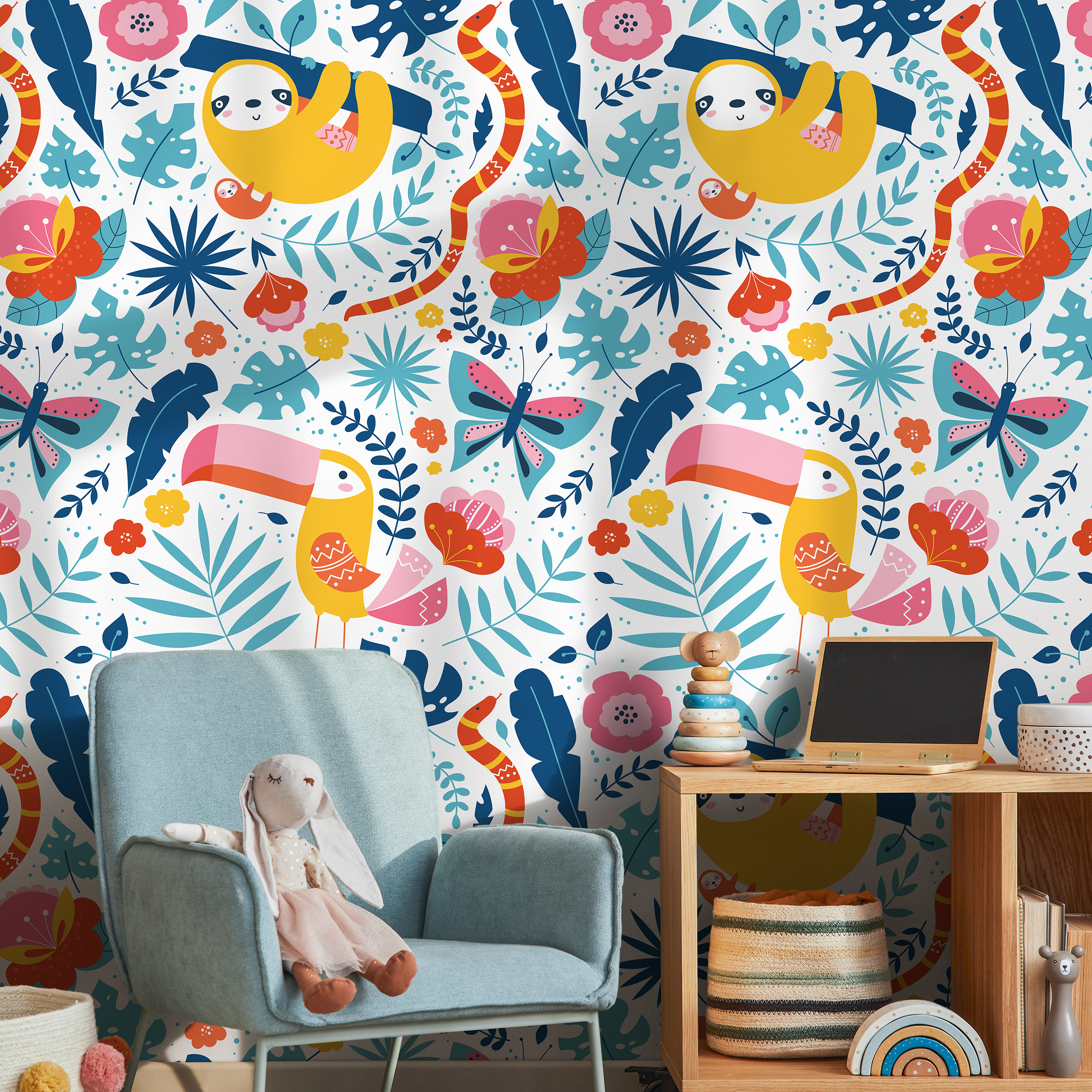 Jungle Wallpaper With Cute Sloths And Tropical Leaves In Yellow, Pink, And Blue - B707