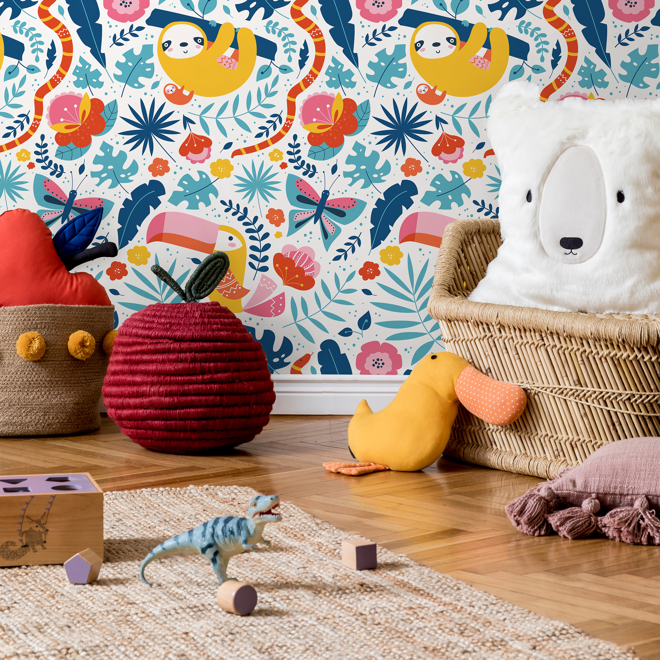 Jungle Wallpaper With Cute Sloths And Tropical Leaves In Yellow, Pink, And Blue - B707