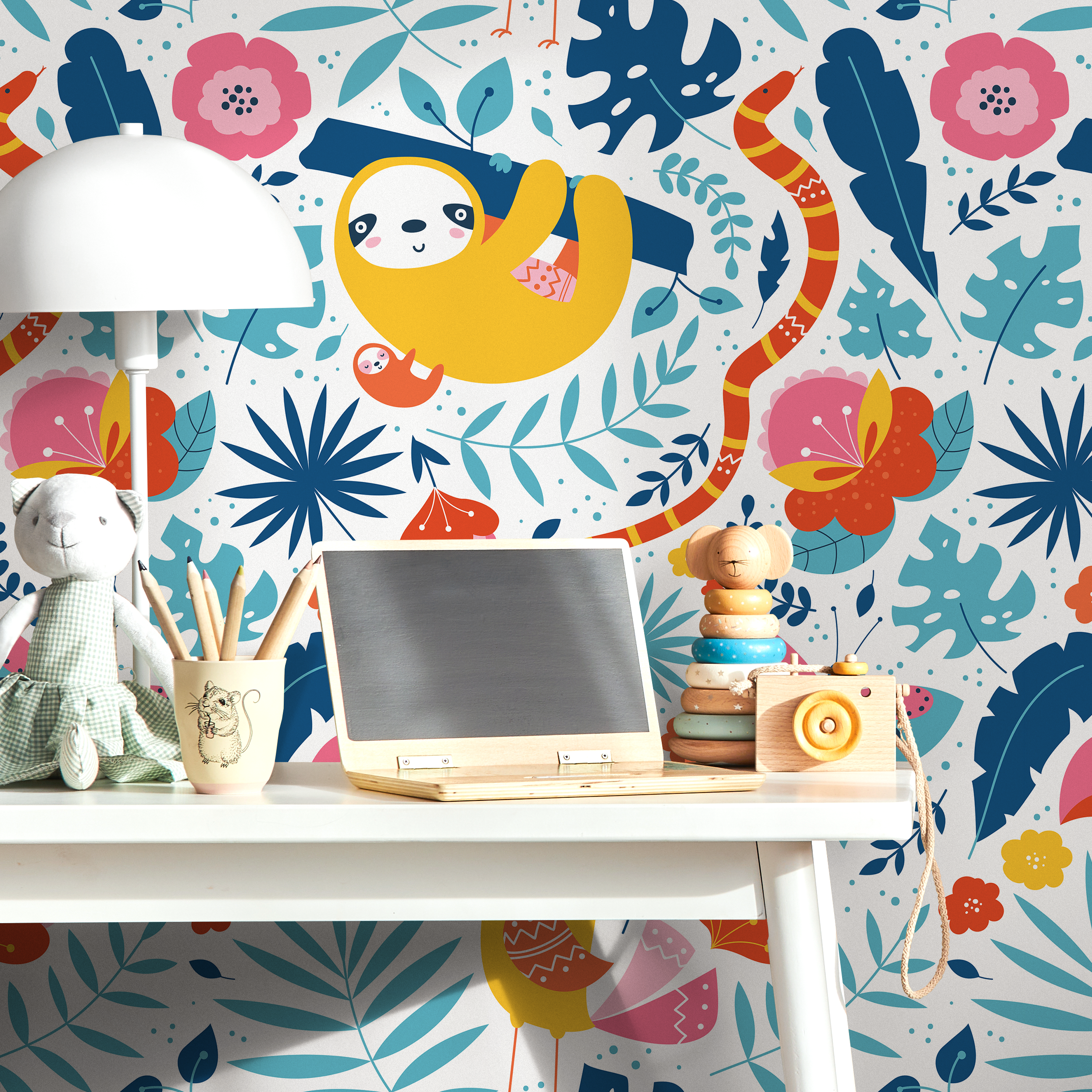 Jungle Wallpaper With Cute Sloths And Tropical Leaves In Yellow, Pink, And Blue - B707