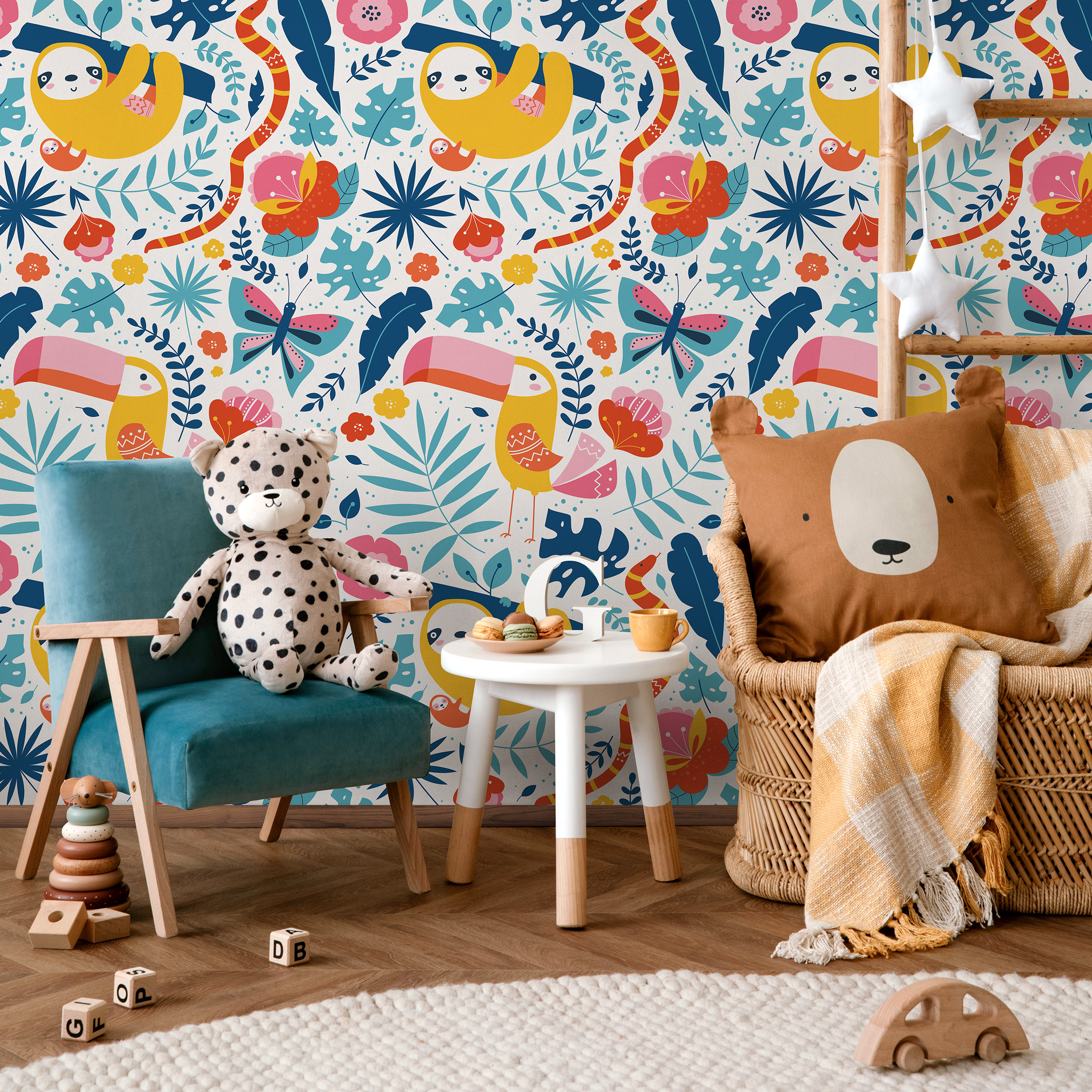 Jungle Wallpaper With Cute Sloths And Tropical Leaves In Yellow, Pink, And Blue - B707